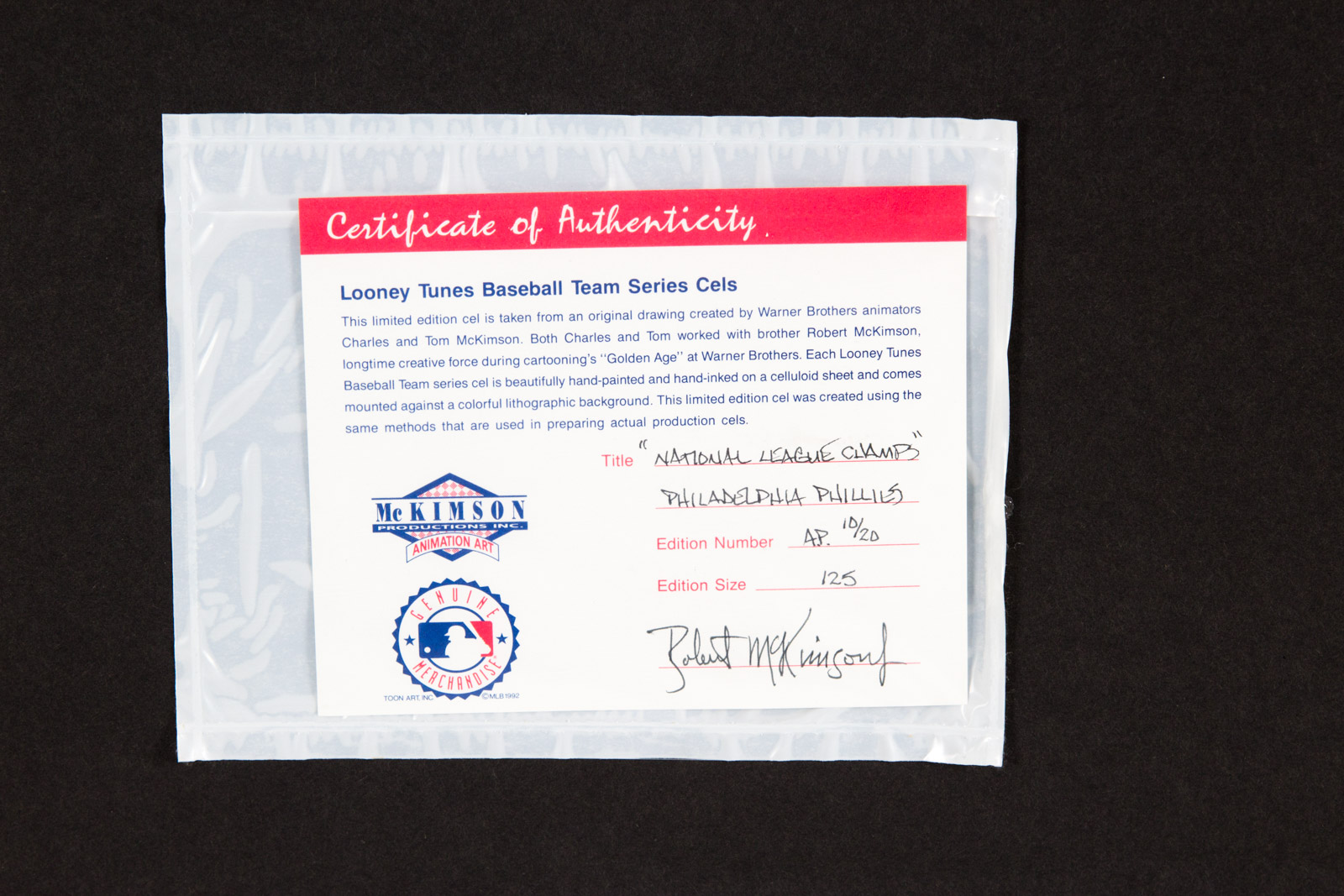 Charles and Tom McKimson Hand Painted Looney Tunes Philadelphia Phillies Animation Cel "National League Champs"