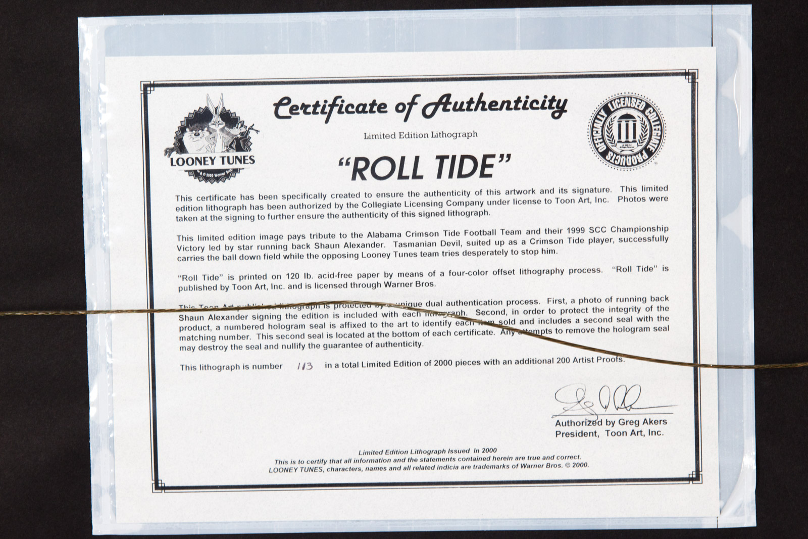 Shaun Alexander Signed Looney Tunes "Roll Tide" Alabama Crimson Tide Offset Lithograph