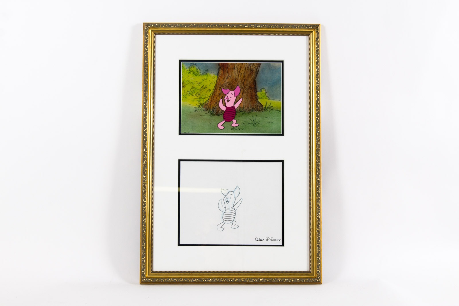 Paul Carlson Hand Painted 1980s Piglet "Winnie the Pooh" Animation Cel and Preparatory Drawing with Facsimile Walt Disney Signature