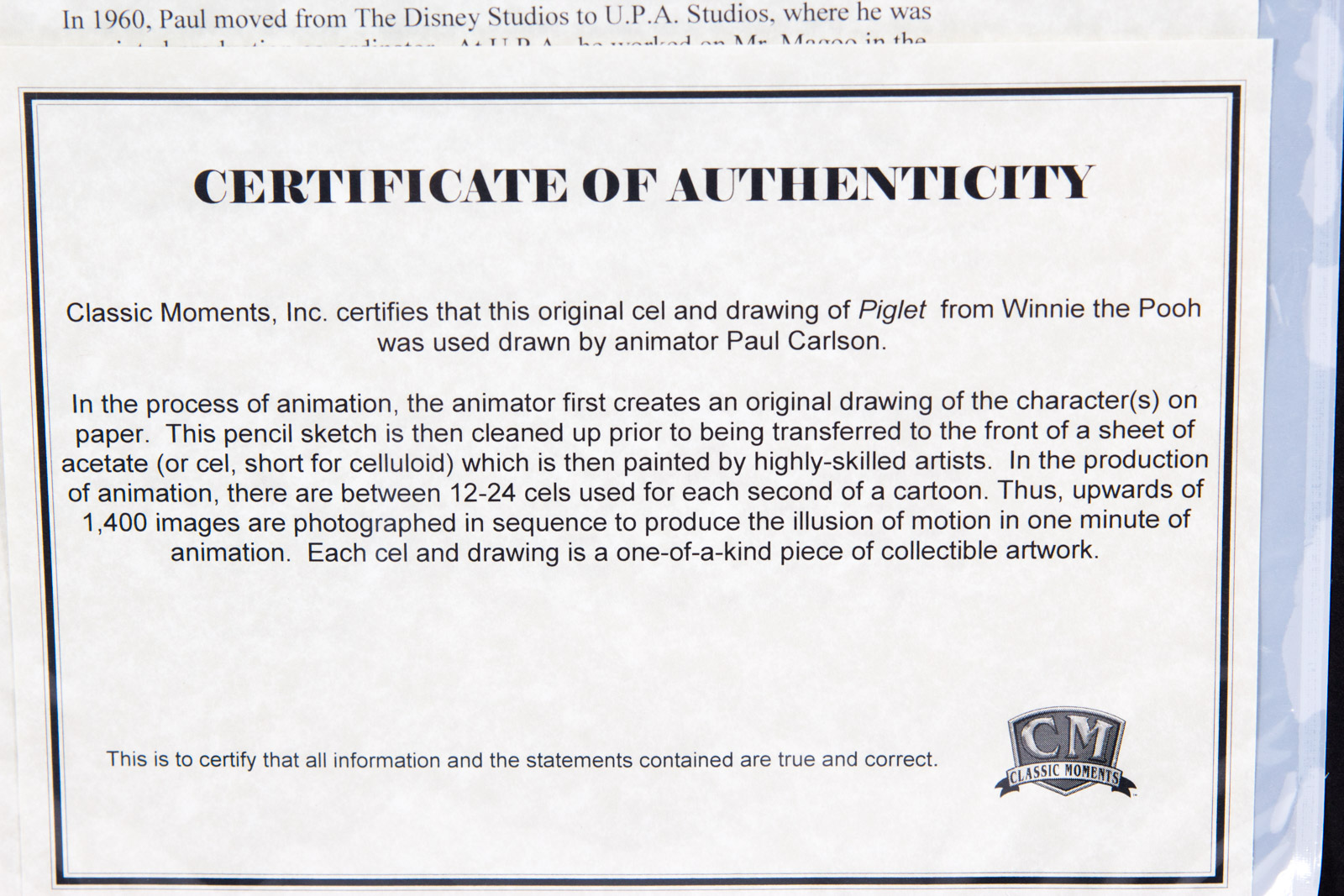 Paul Carlson Hand Painted 1980s Piglet "Winnie the Pooh" Animation Cel and Preparatory Drawing with Facsimile Walt Disney Signature