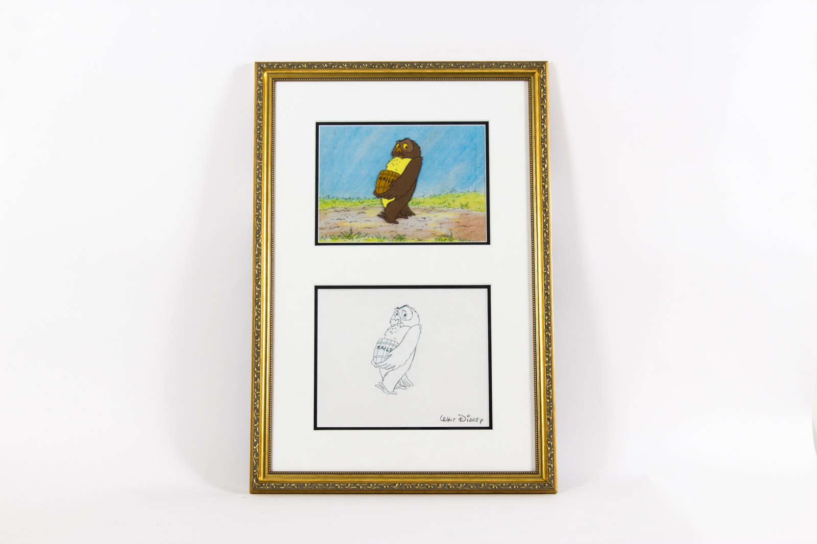 Paul Carlson Hand Painted 1980s Owl "Winnie the Pooh" Animation Cel with Preparatory Drawing and Facsimile Walt Disney Signature