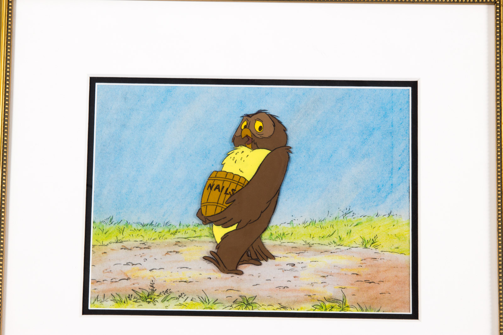 Paul Carlson Hand Painted 1980s Owl "Winnie the Pooh" Animation Cel with Preparatory Drawing and Facsimile Walt Disney Signature