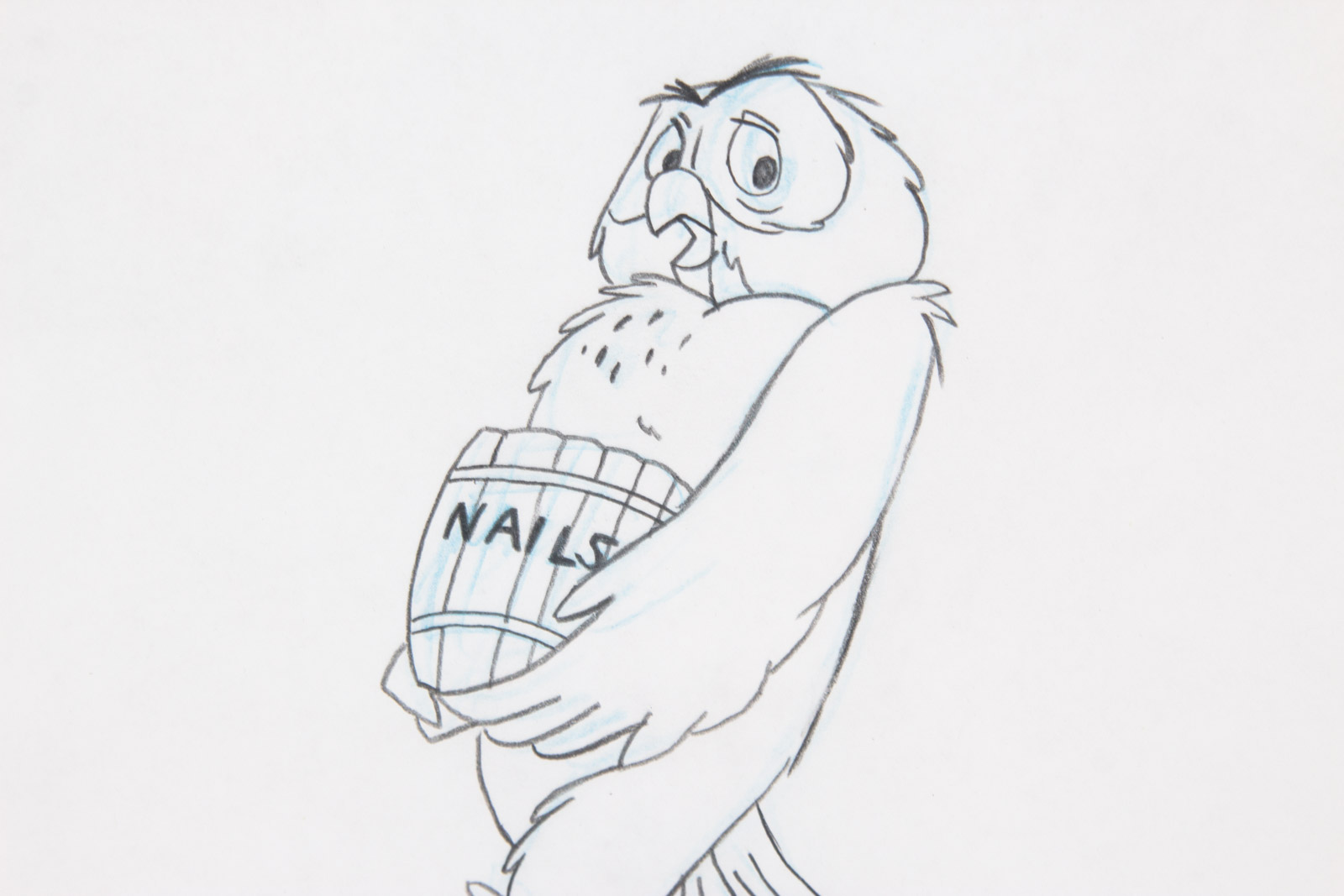 Paul Carlson Hand Painted 1980s Owl "Winnie the Pooh" Animation Cel with Preparatory Drawing and Facsimile Walt Disney Signature
