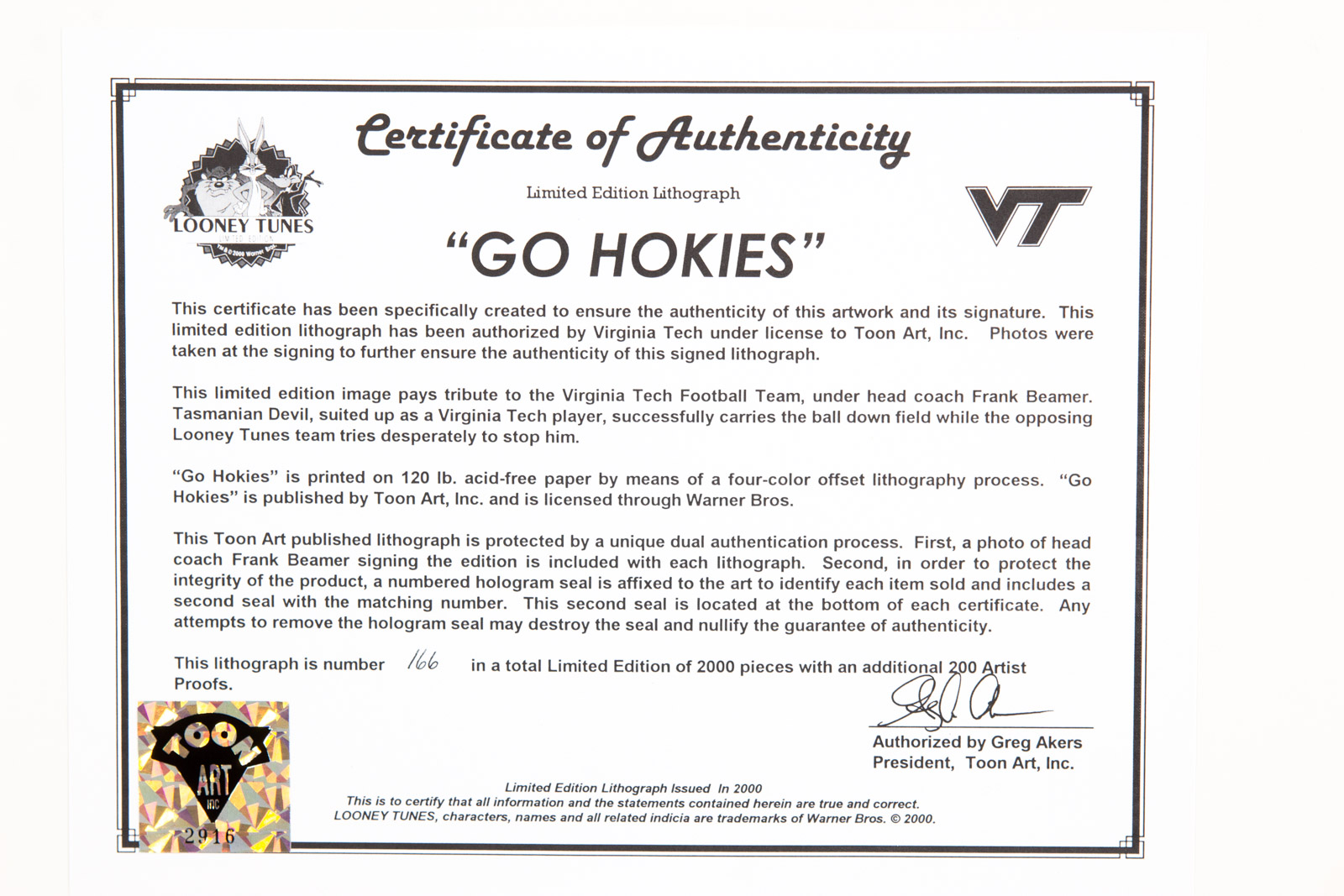 Frank Beamer Signed "Go Hokies" Virginia Tech Football Offset Lithograph