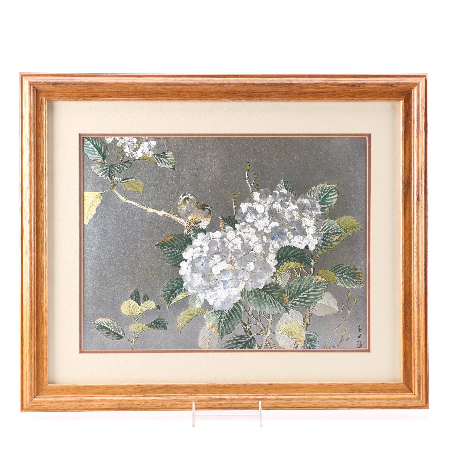 East Asian Style Offset Lithograph on Fabric With Foil Embellishments of Nature Scene