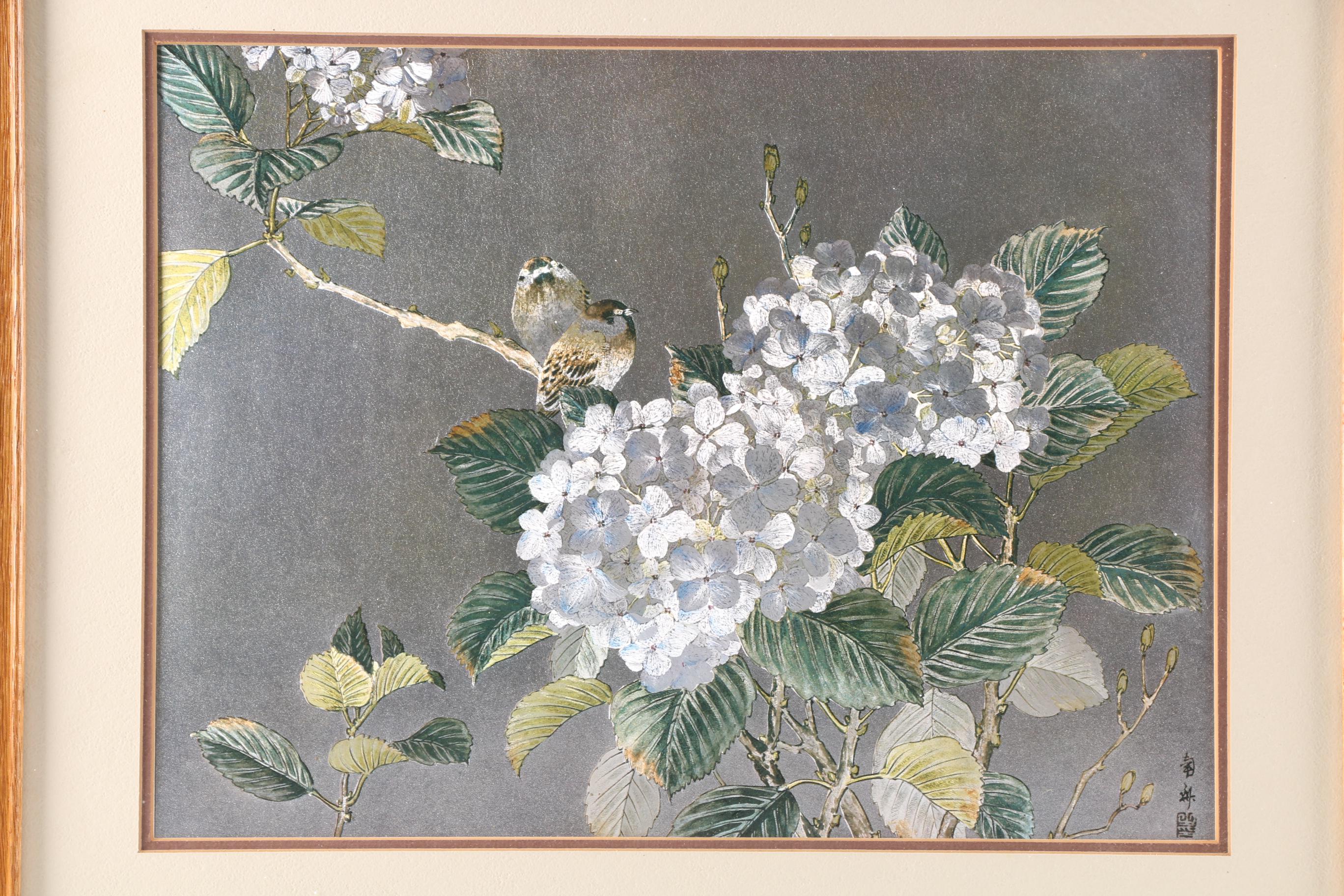 East Asian Style Offset Lithograph on Fabric With Foil Embellishments of Nature Scene