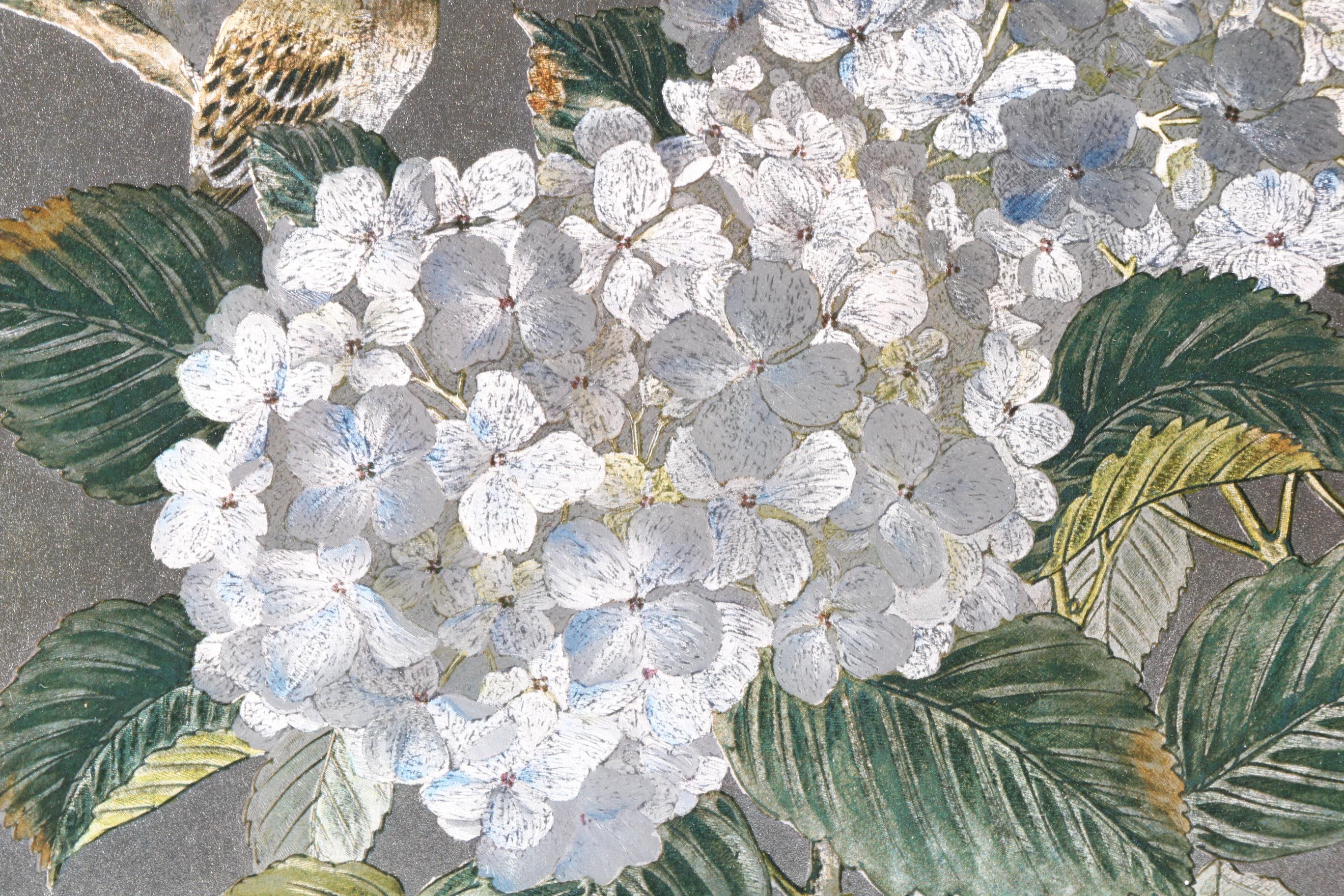 East Asian Style Offset Lithograph on Fabric With Foil Embellishments of Nature Scene