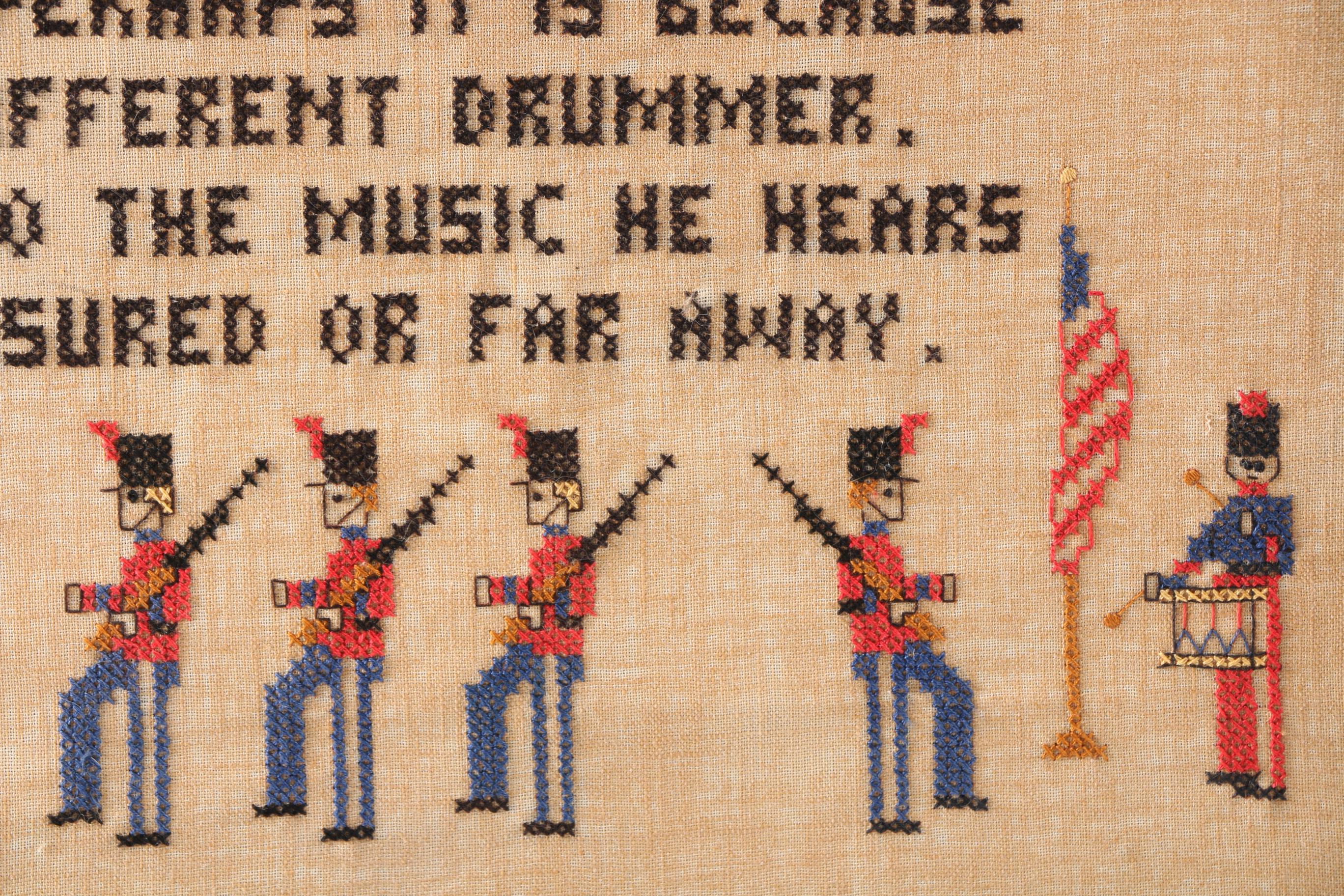 Framed Cross Stitch With American Flags and Drummers