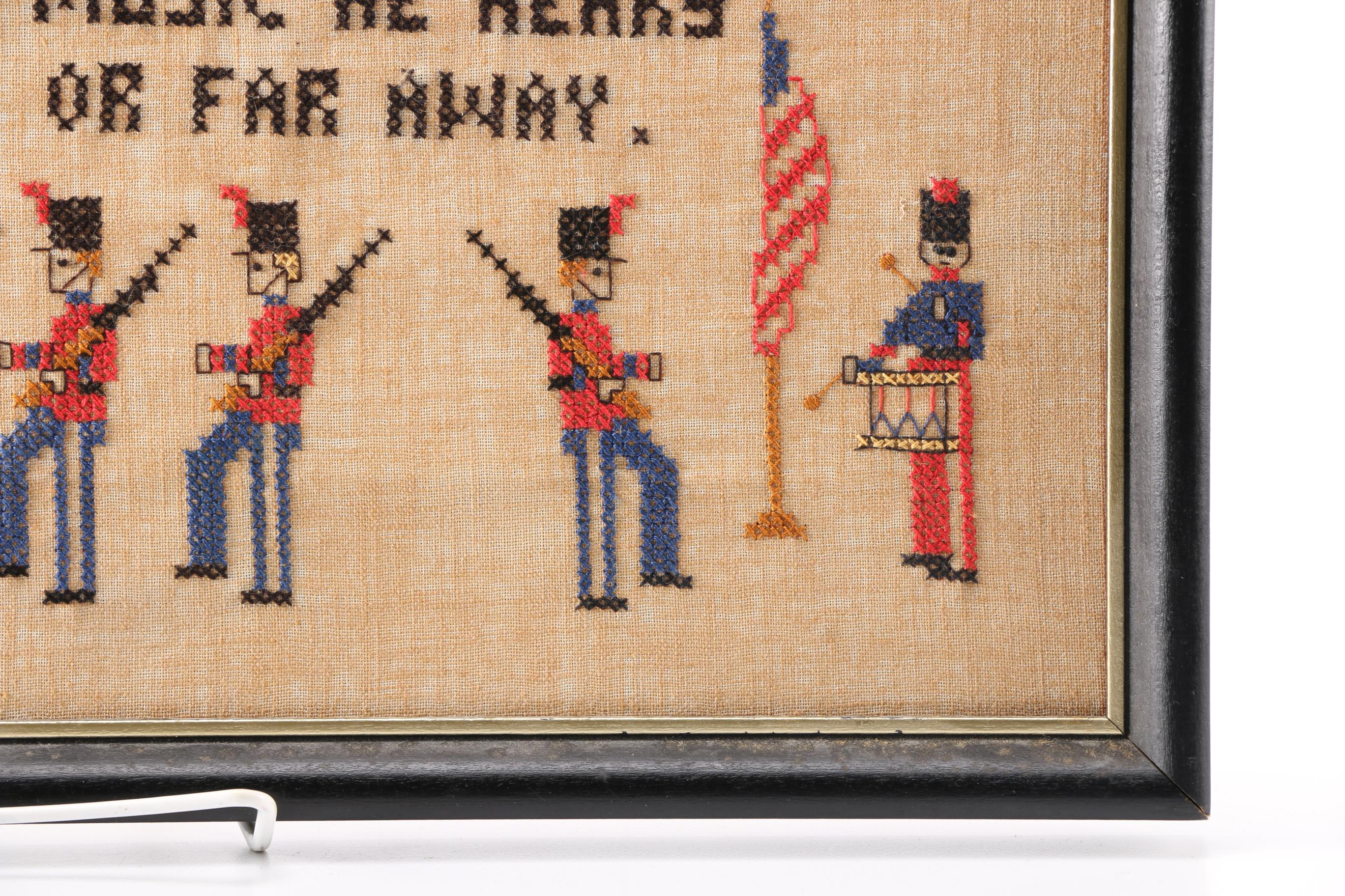 Framed Cross Stitch With American Flags and Drummers
