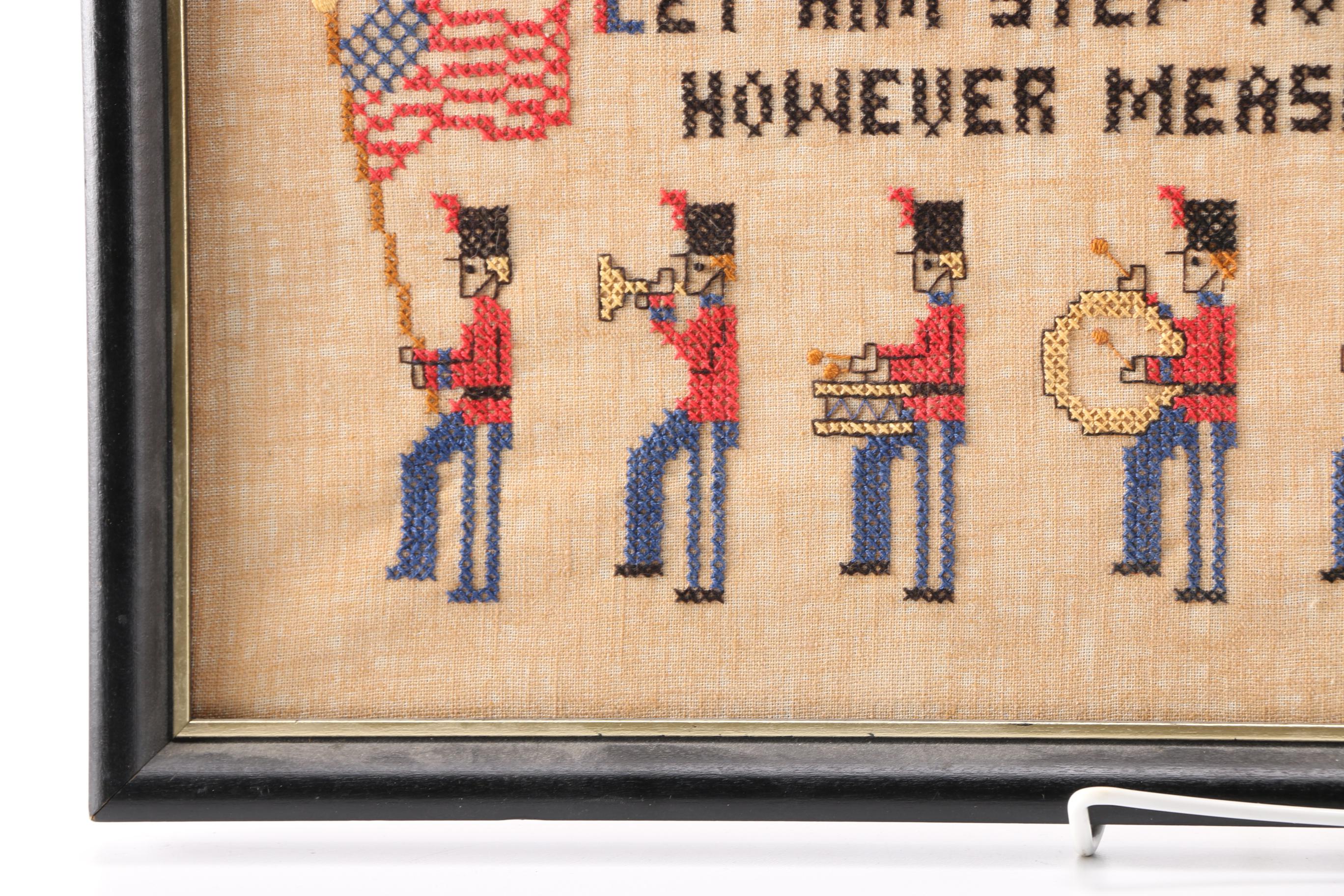 Framed Cross Stitch With American Flags and Drummers