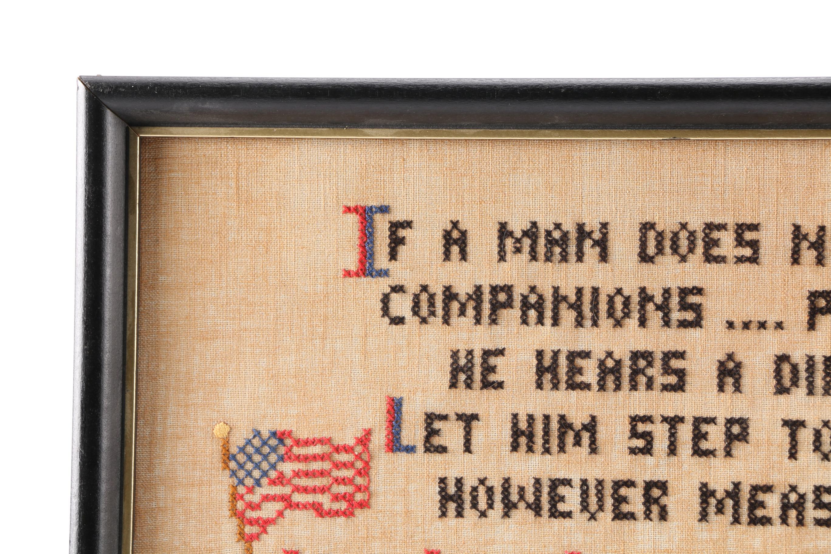 Framed Cross Stitch With American Flags and Drummers