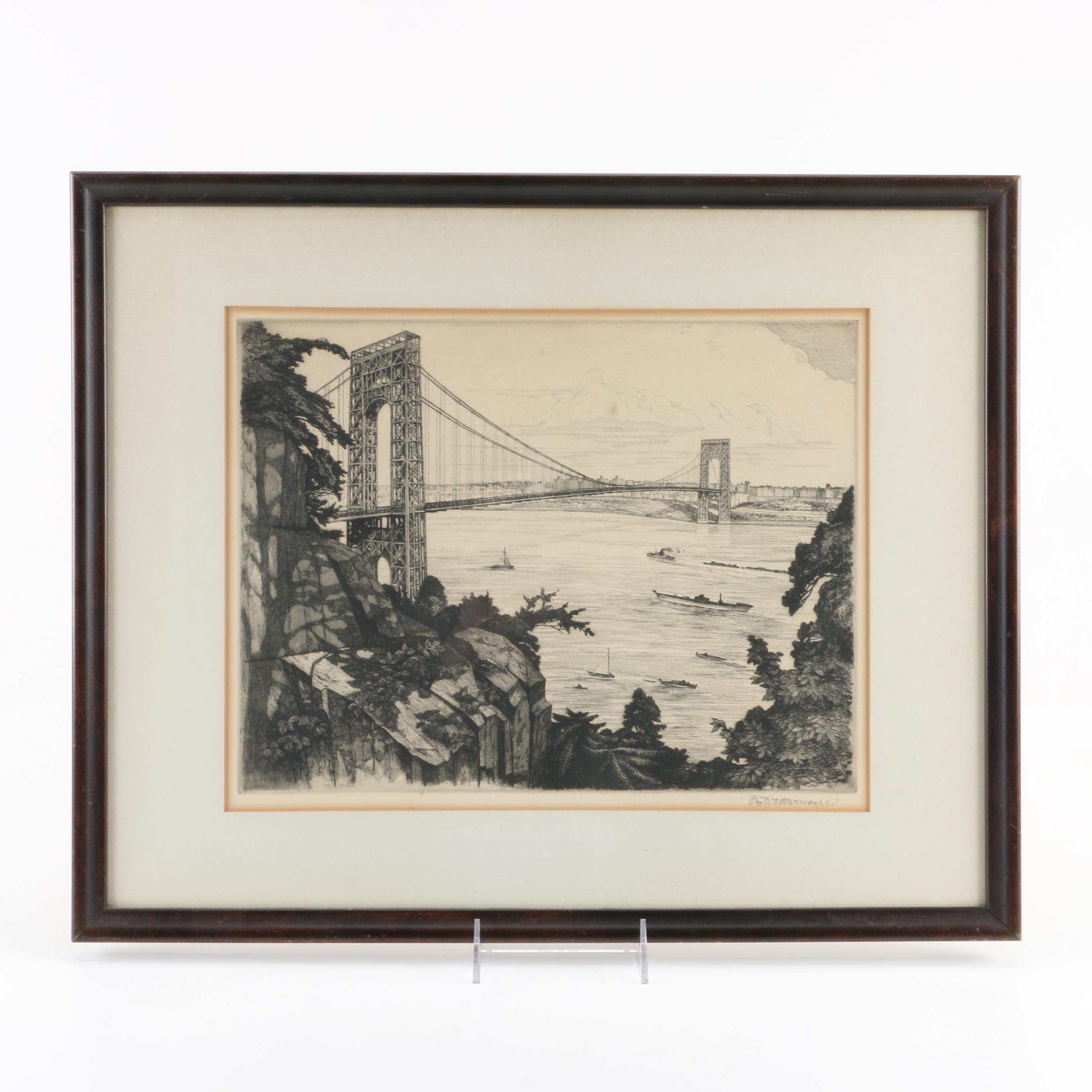 Otto Wackernagel Limited Edition Etching "South View of George Washington Bridge"