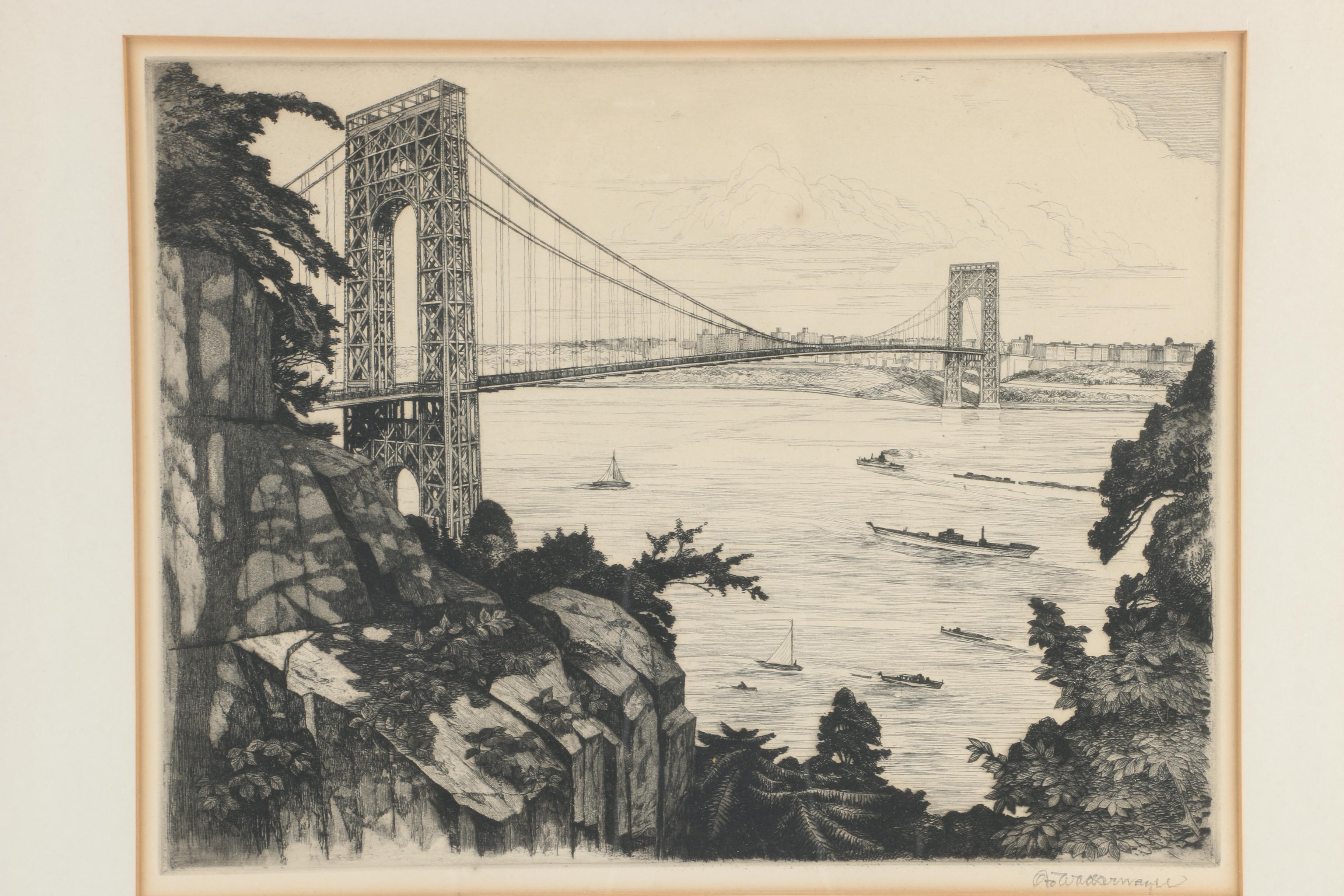 Otto Wackernagel Limited Edition Etching "South View of George Washington Bridge"