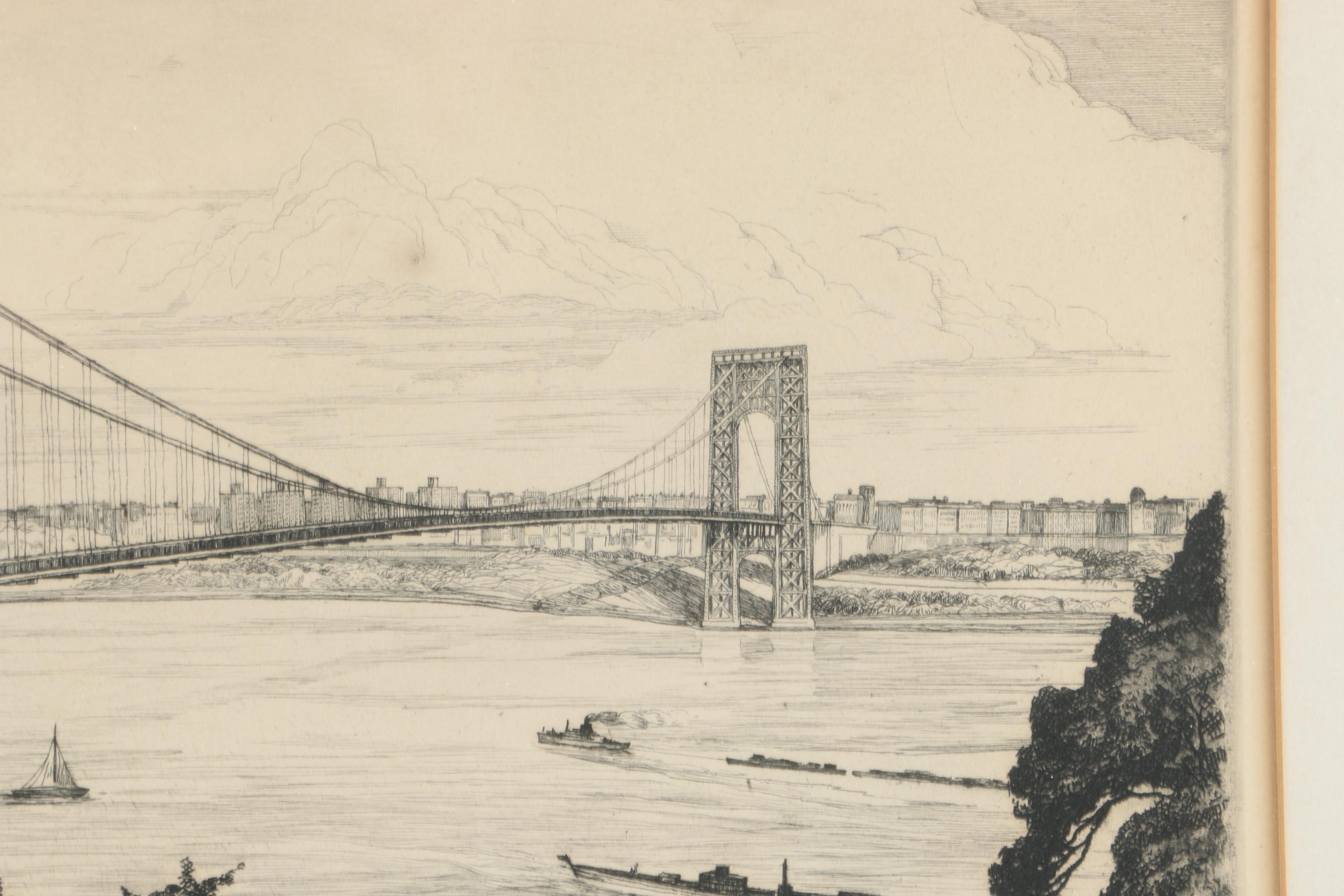 Otto Wackernagel Limited Edition Etching "South View of George Washington Bridge"