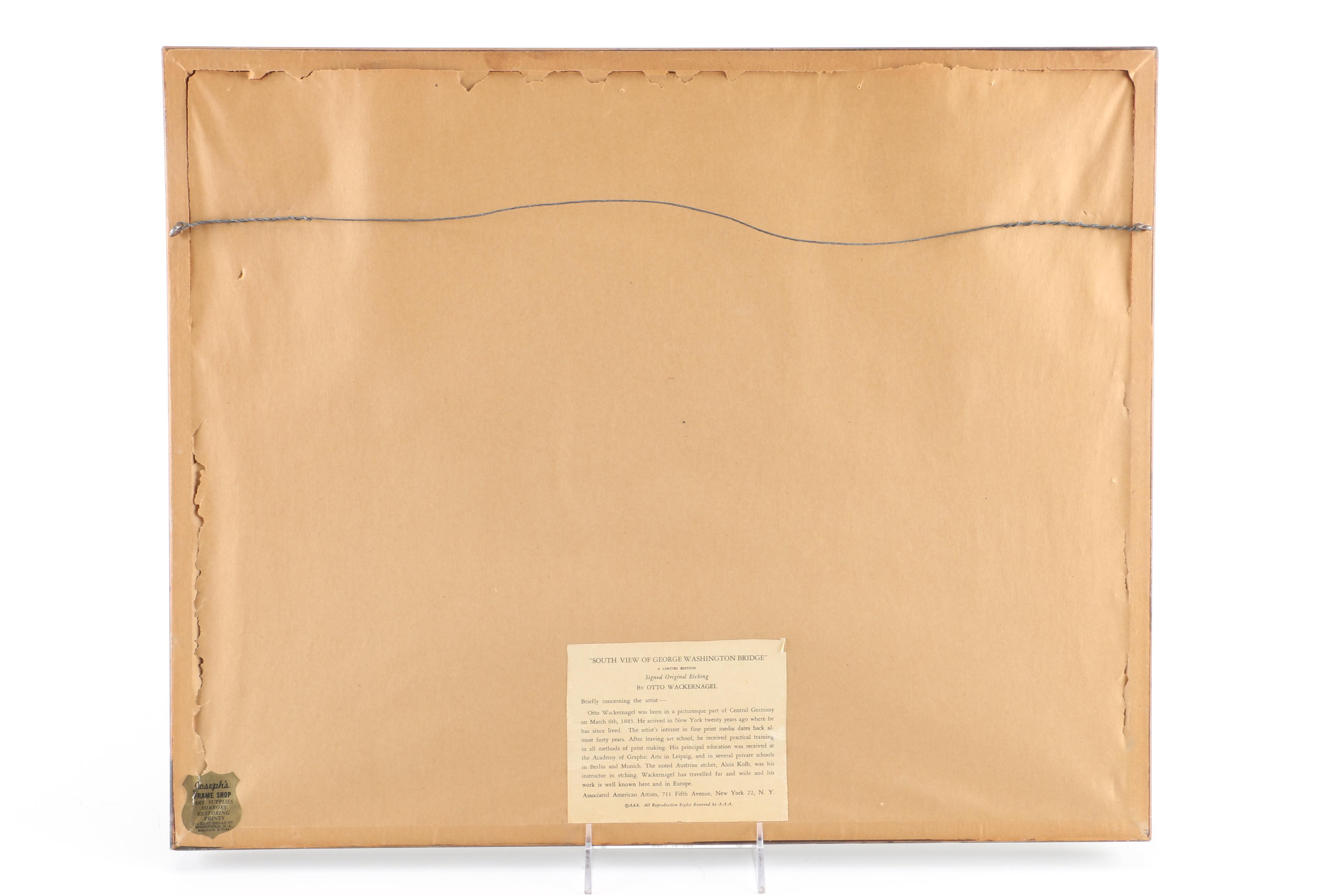 Otto Wackernagel Limited Edition Etching "South View of George Washington Bridge"