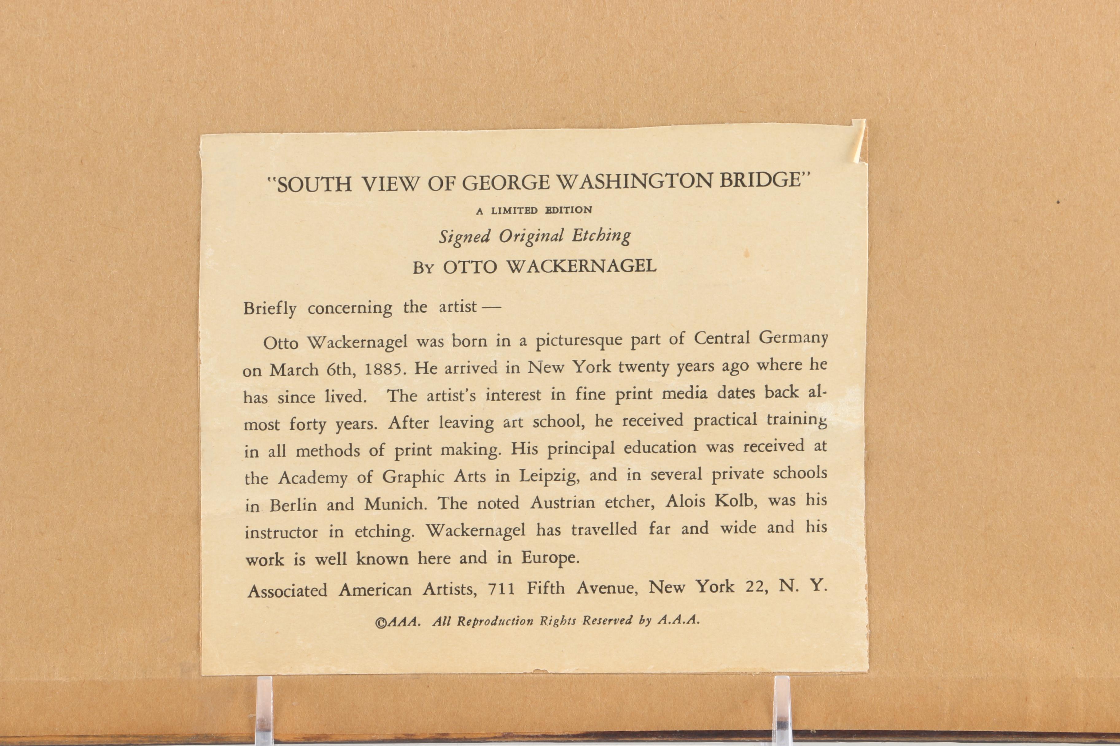 Otto Wackernagel Limited Edition Etching "South View of George Washington Bridge"
