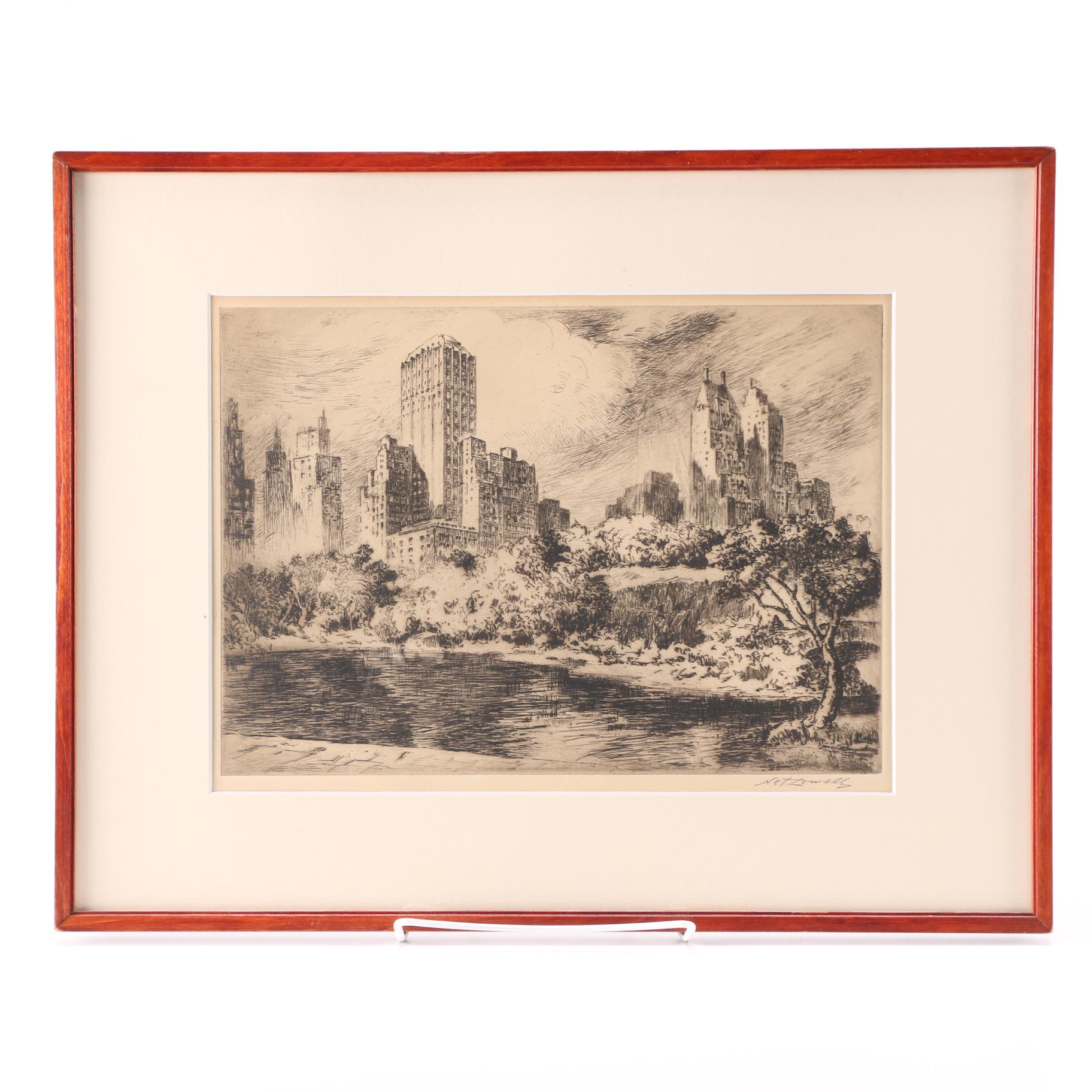 1947 Nat Lowell Etching "Central Park South"