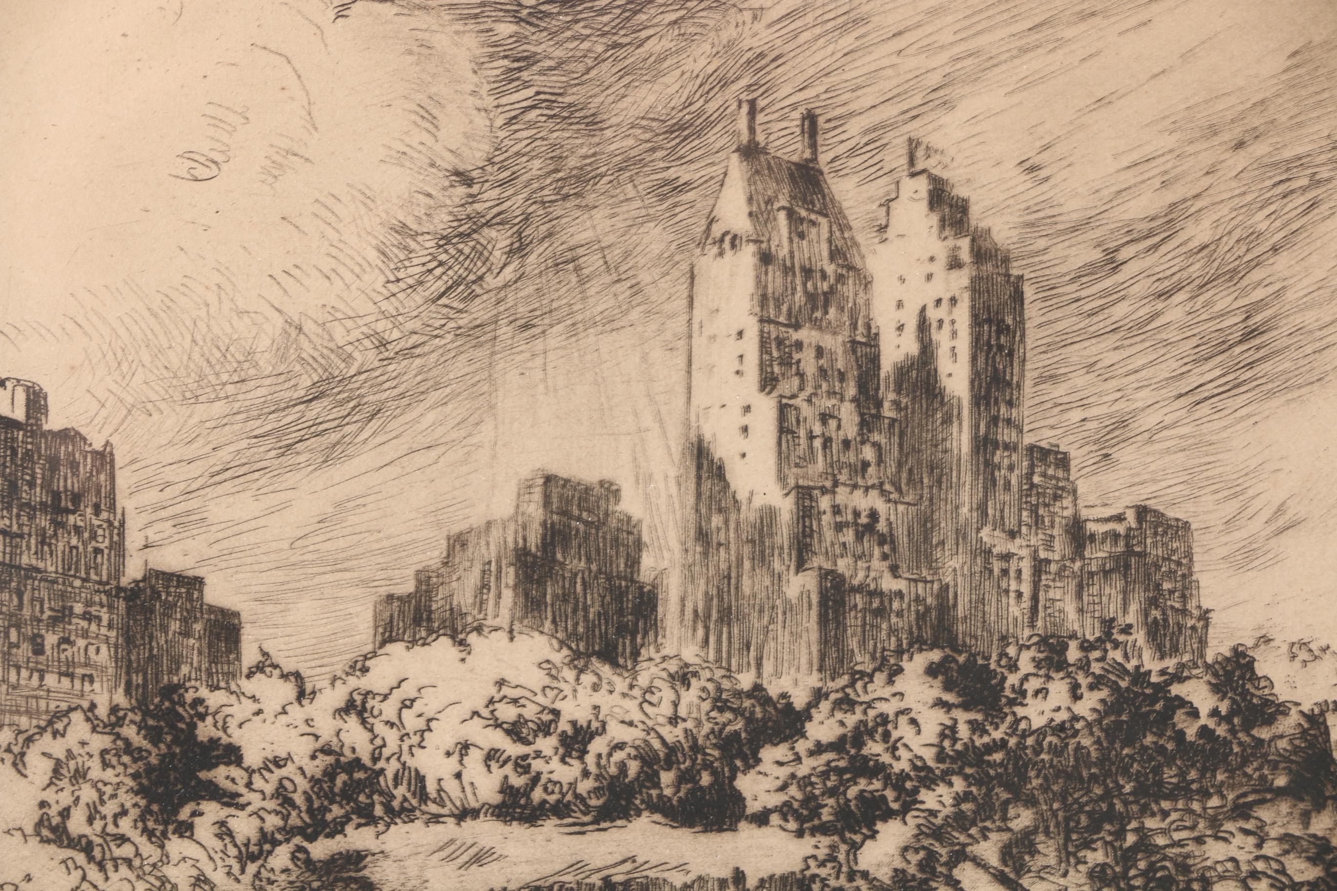 1947 Nat Lowell Etching "Central Park South"