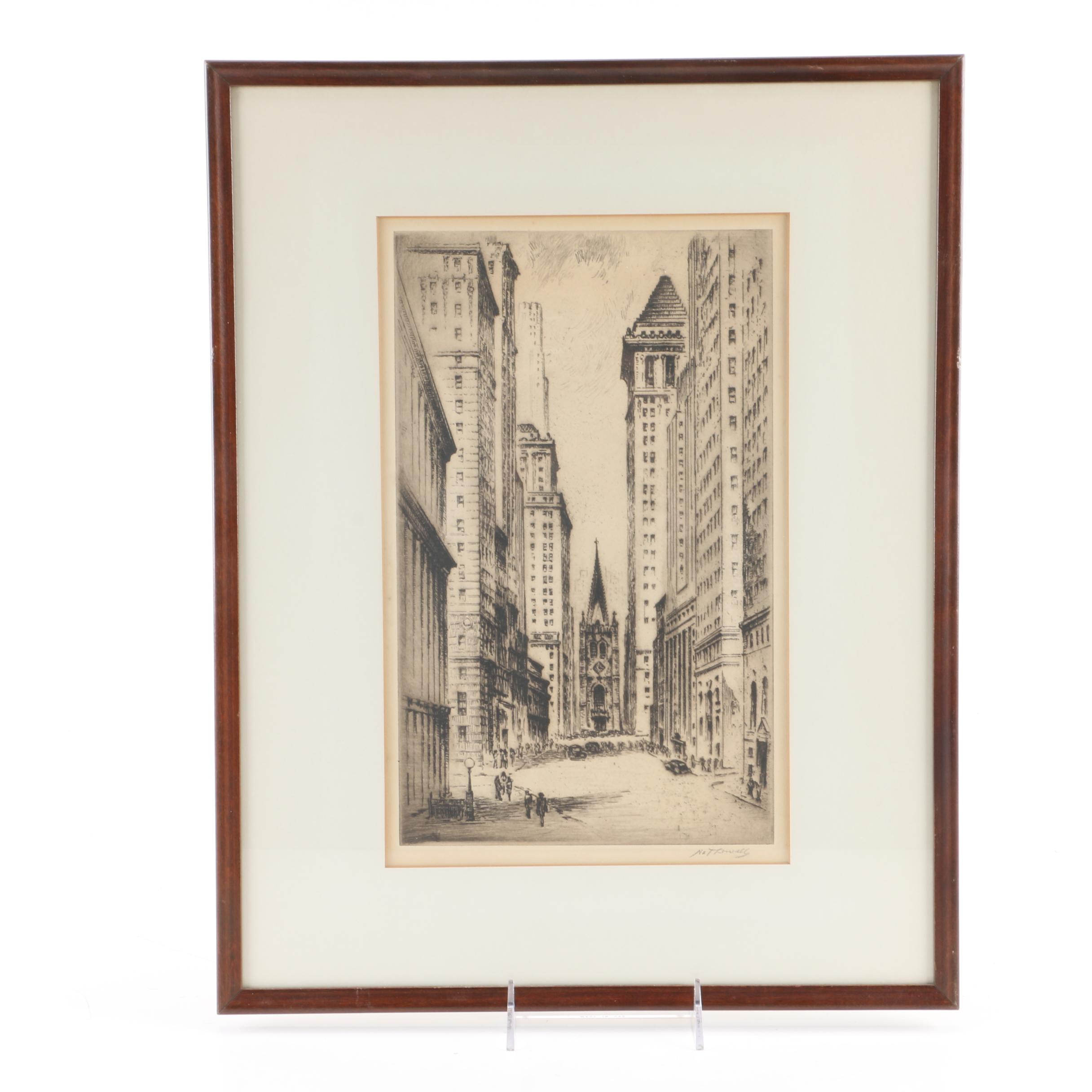1948 Nat Lowell Etching "Wall Street"