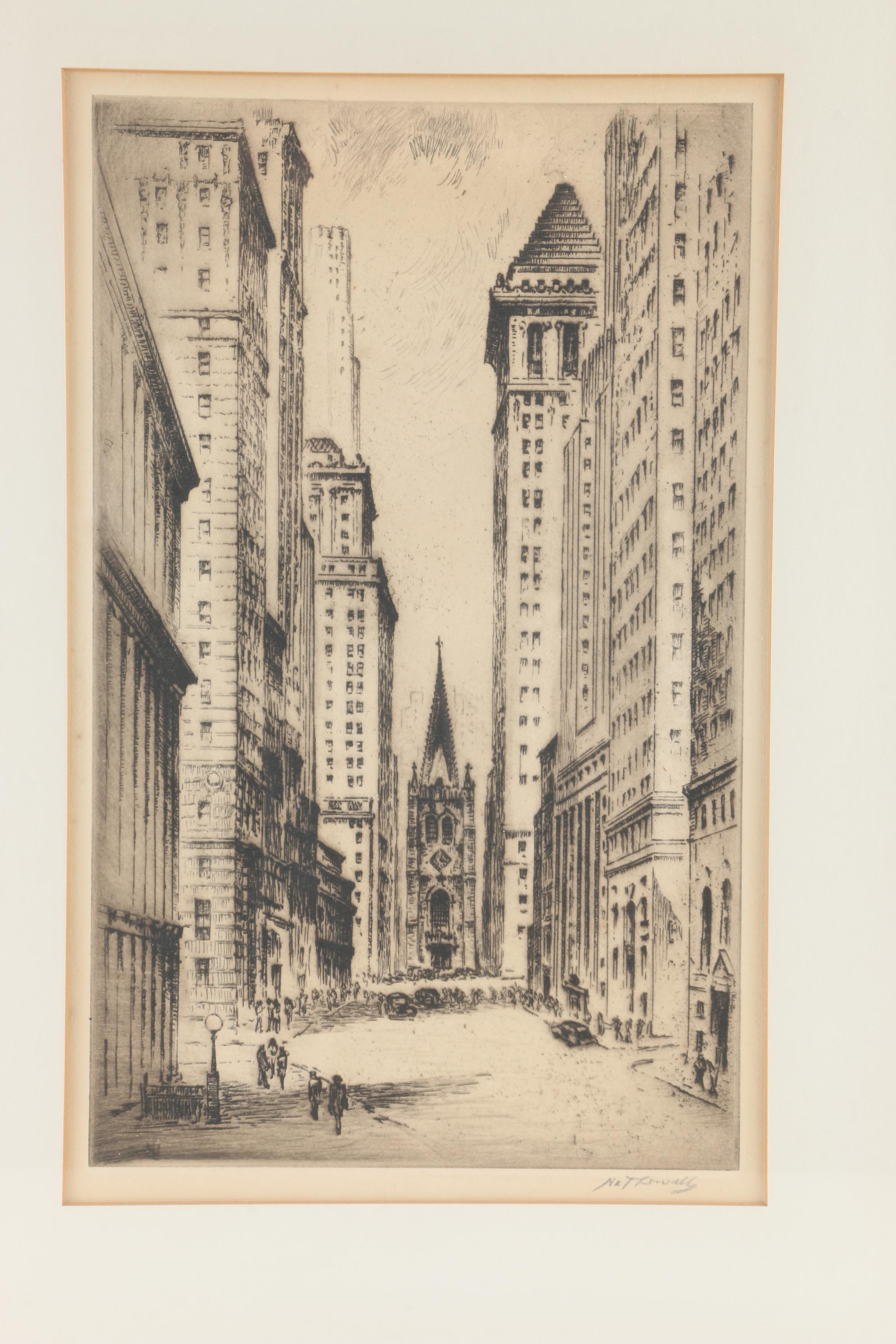 1948 Nat Lowell Etching "Wall Street"