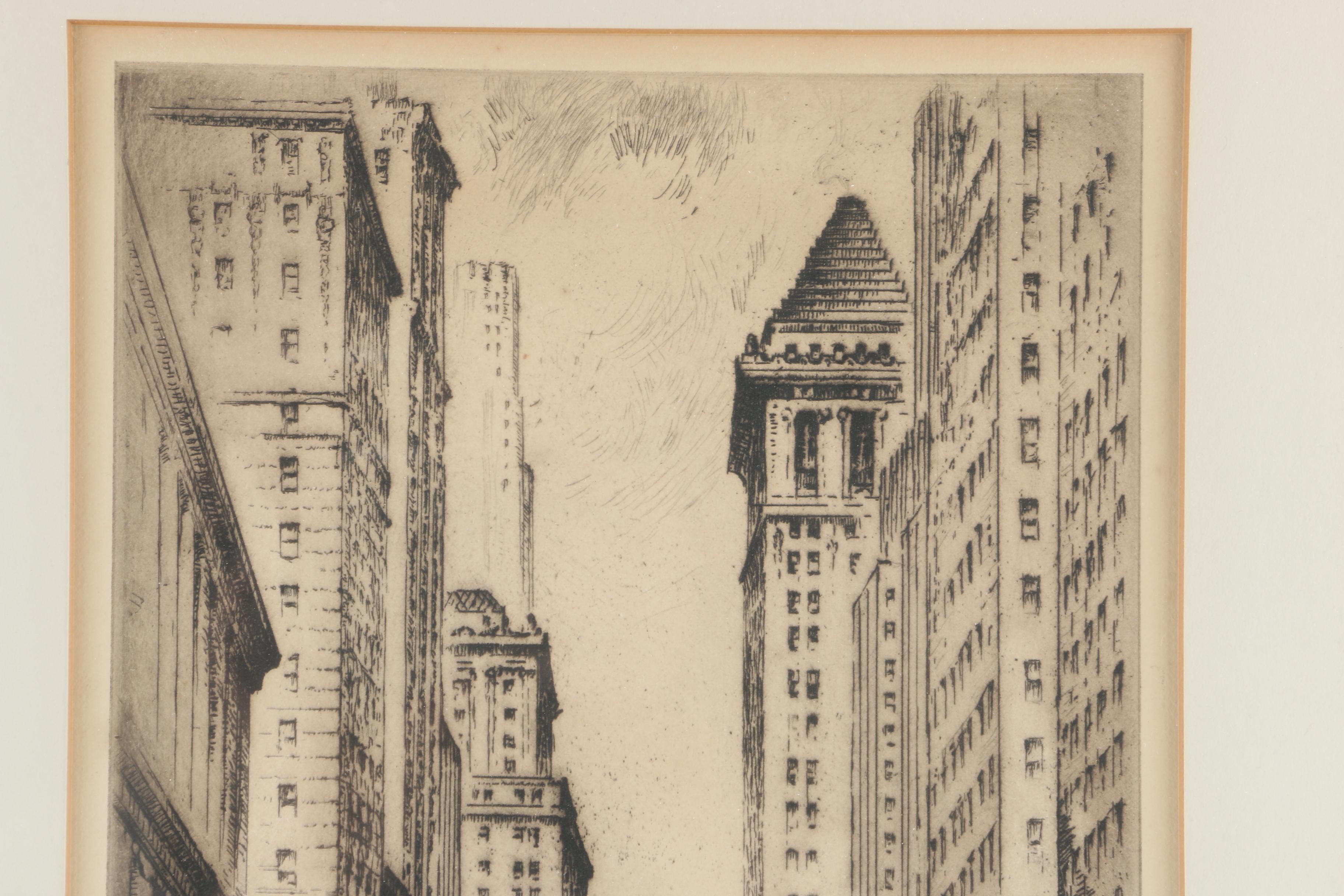 1948 Nat Lowell Etching "Wall Street"