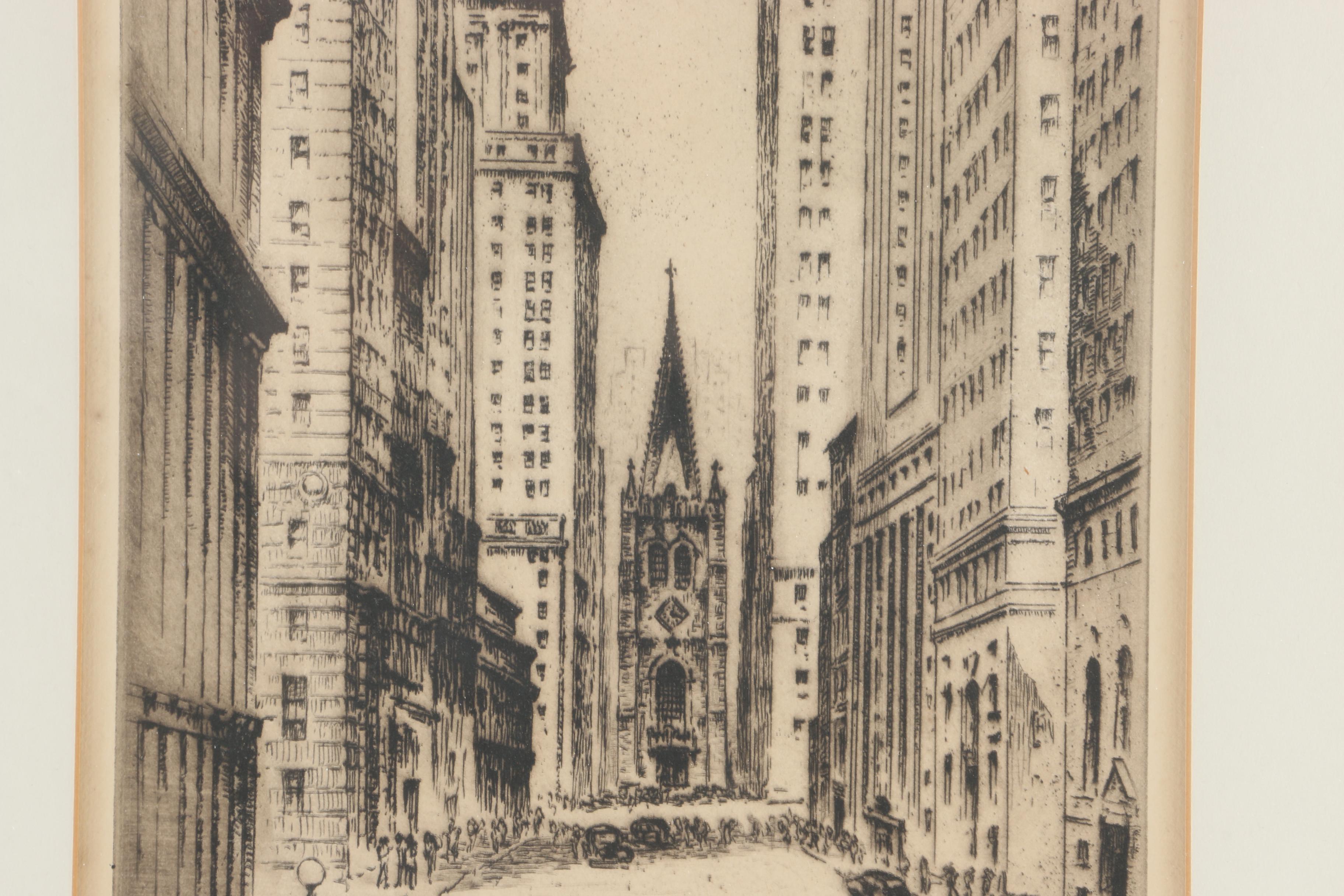 1948 Nat Lowell Etching "Wall Street"
