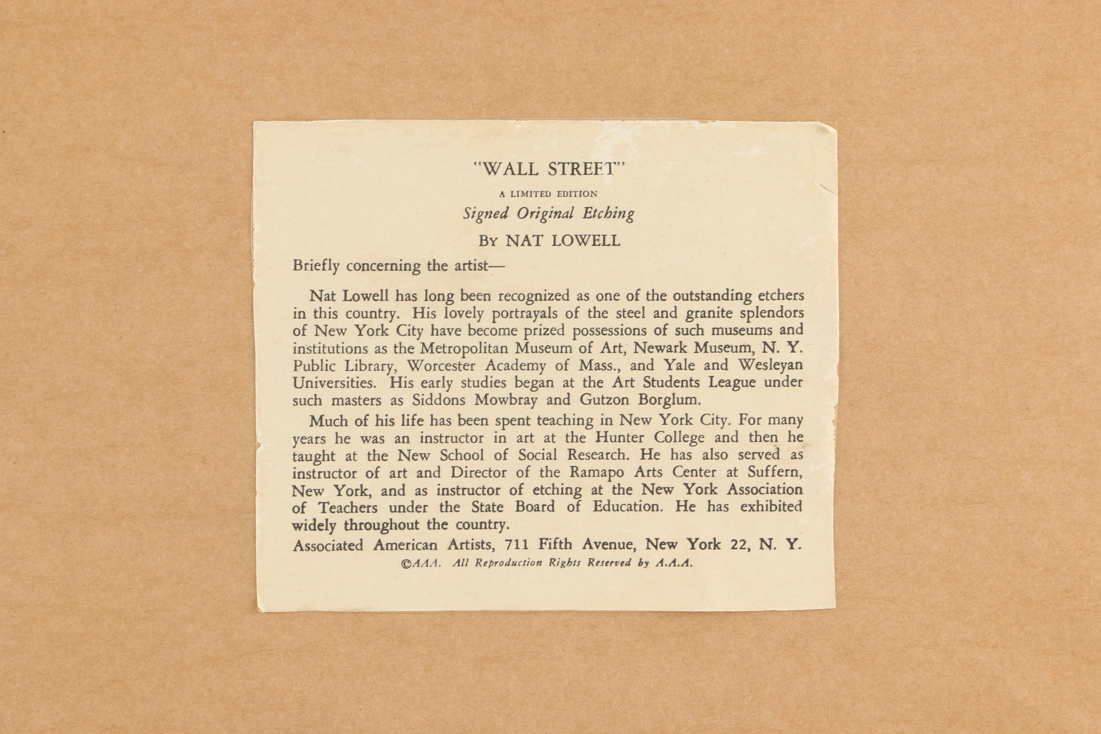 1948 Nat Lowell Etching "Wall Street"