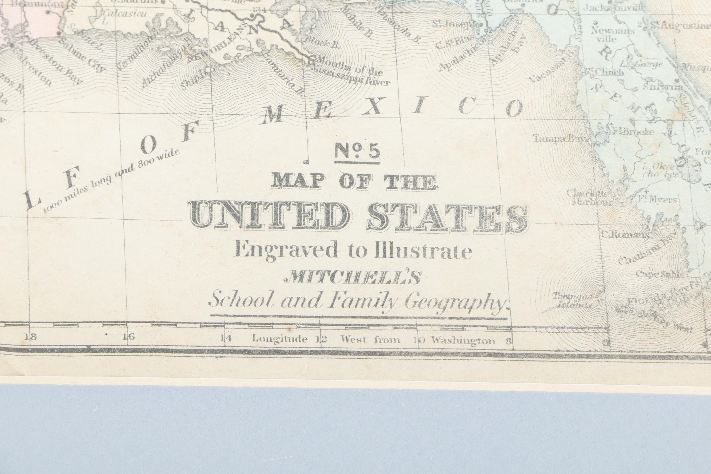 Framed Lithograph Map of U.S.A. in Early 1800s