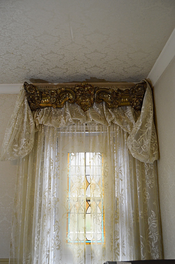 Rococo Style Embossed Brass Window Cornices, Lace Curtains