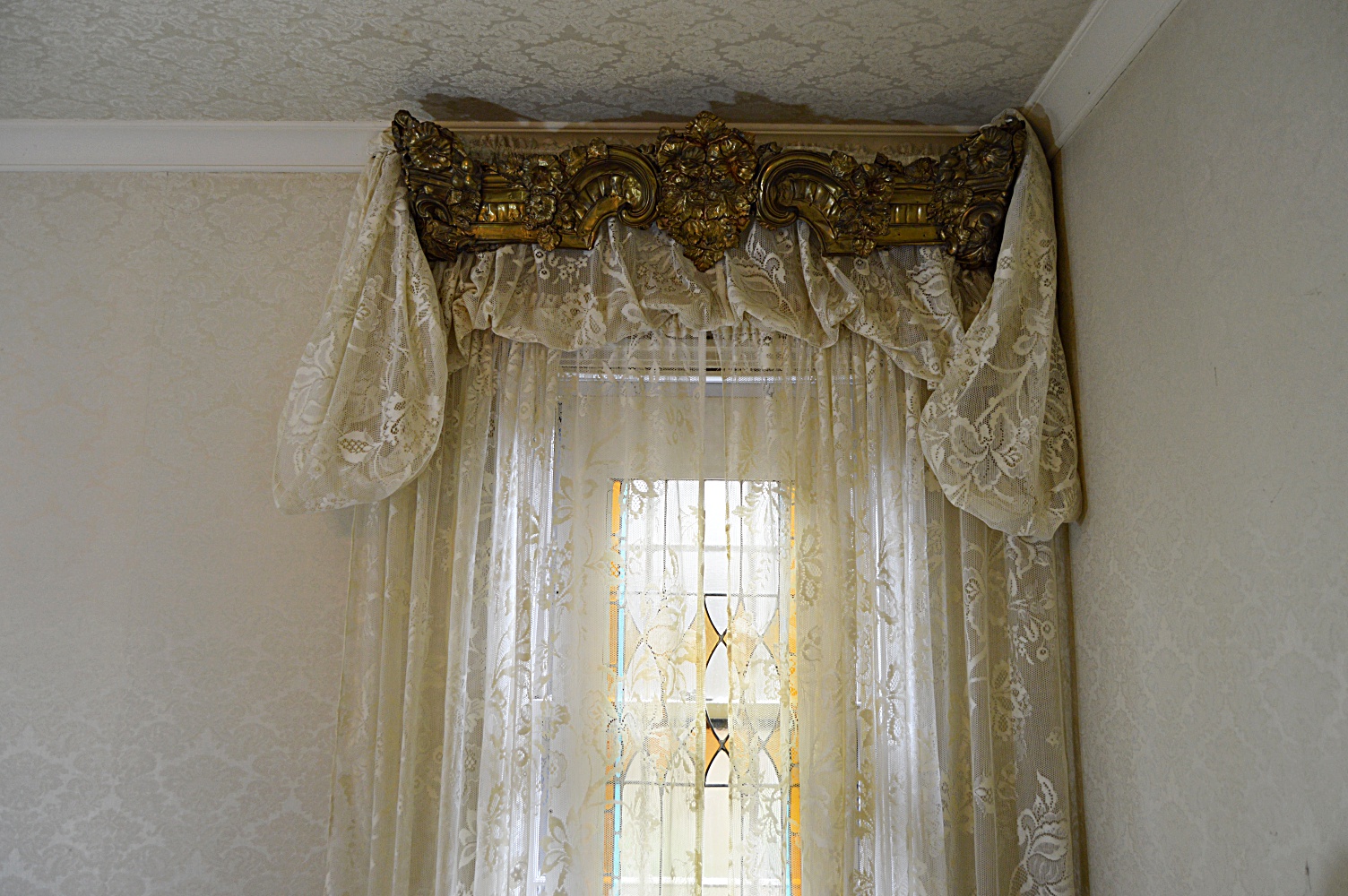 Rococo Style Embossed Brass Window Cornices, Lace Curtains