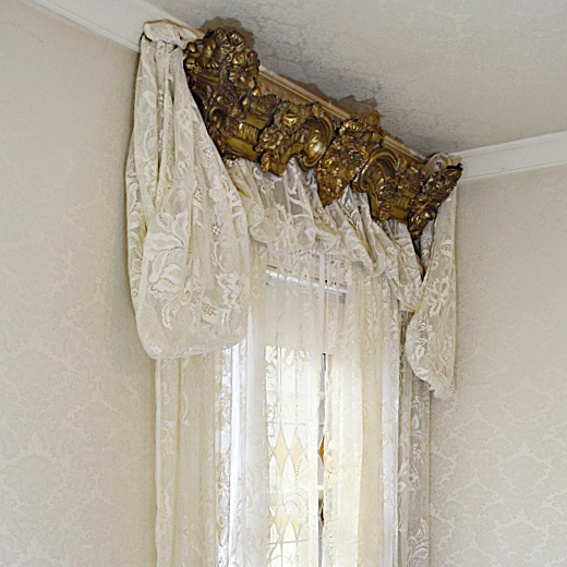 Rococo Style Embossed Brass Window Cornices, Lace Curtains