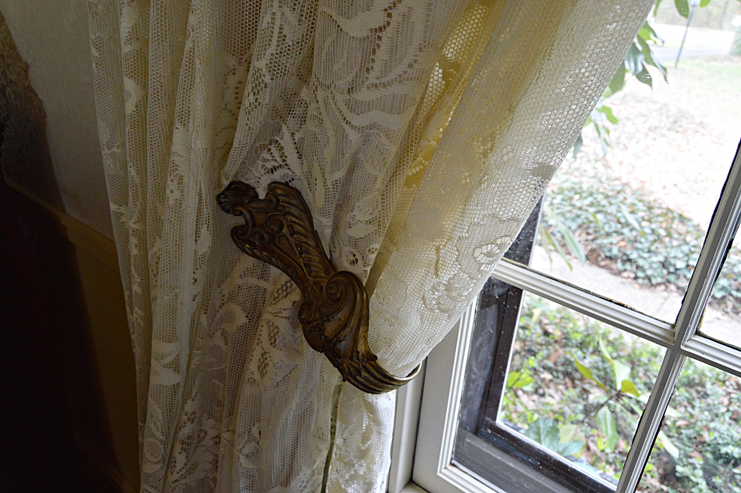 Rococo Style Embossed Brass Window Cornices, Lace Curtains