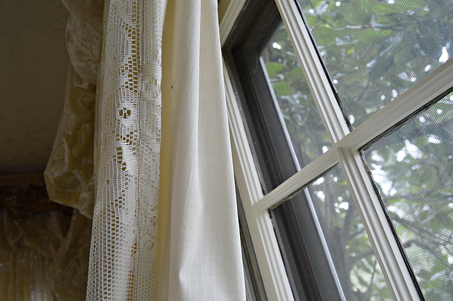 Rococo Style Embossed Brass Window Cornices, Lace Curtains