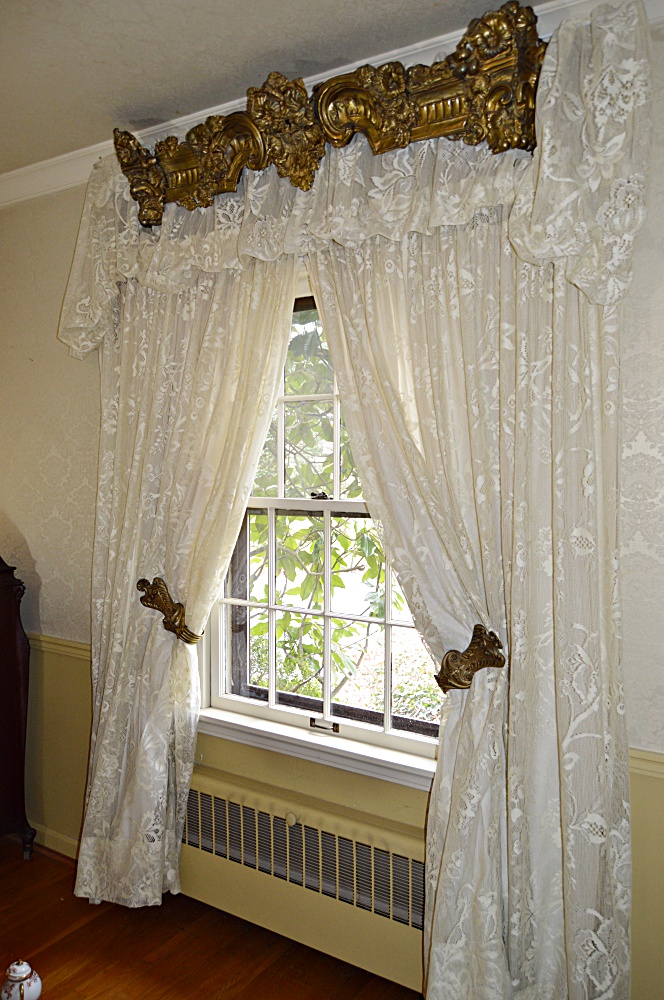 Rococo Style Embossed Brass Window Cornices, Lace Curtains