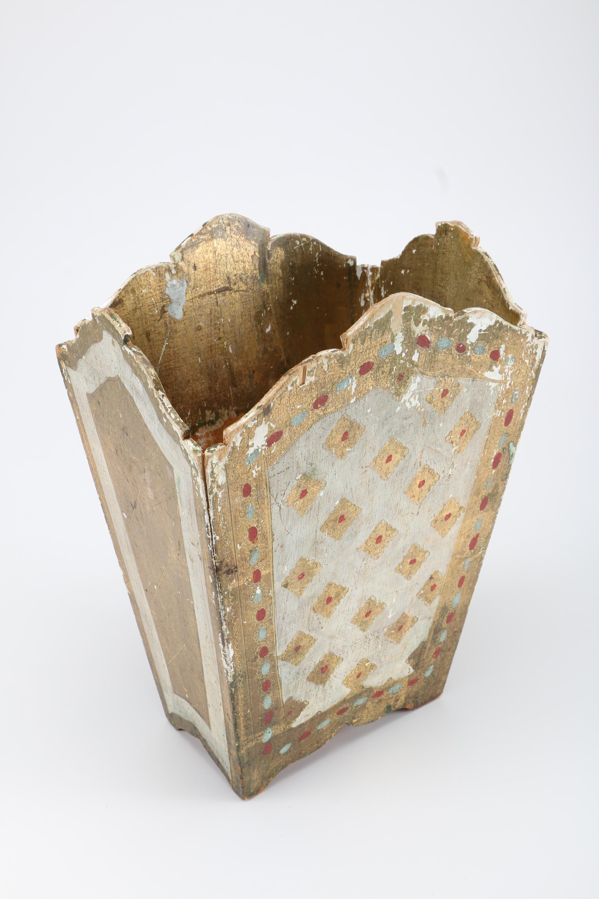 Italian Distressed Gold Tone Waste Bin and Trinket Box