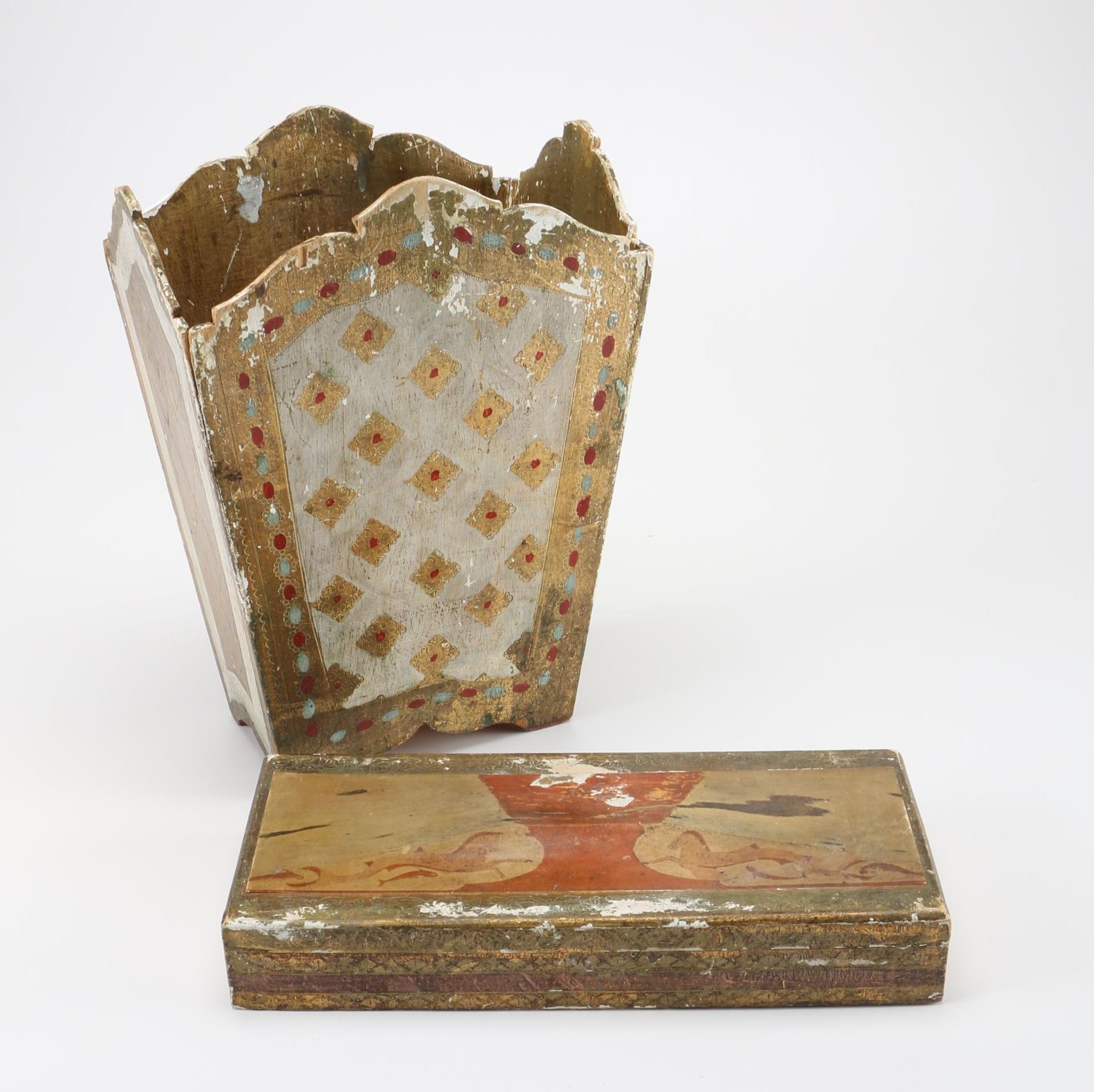 Italian Distressed Gold Tone Waste Bin and Trinket Box