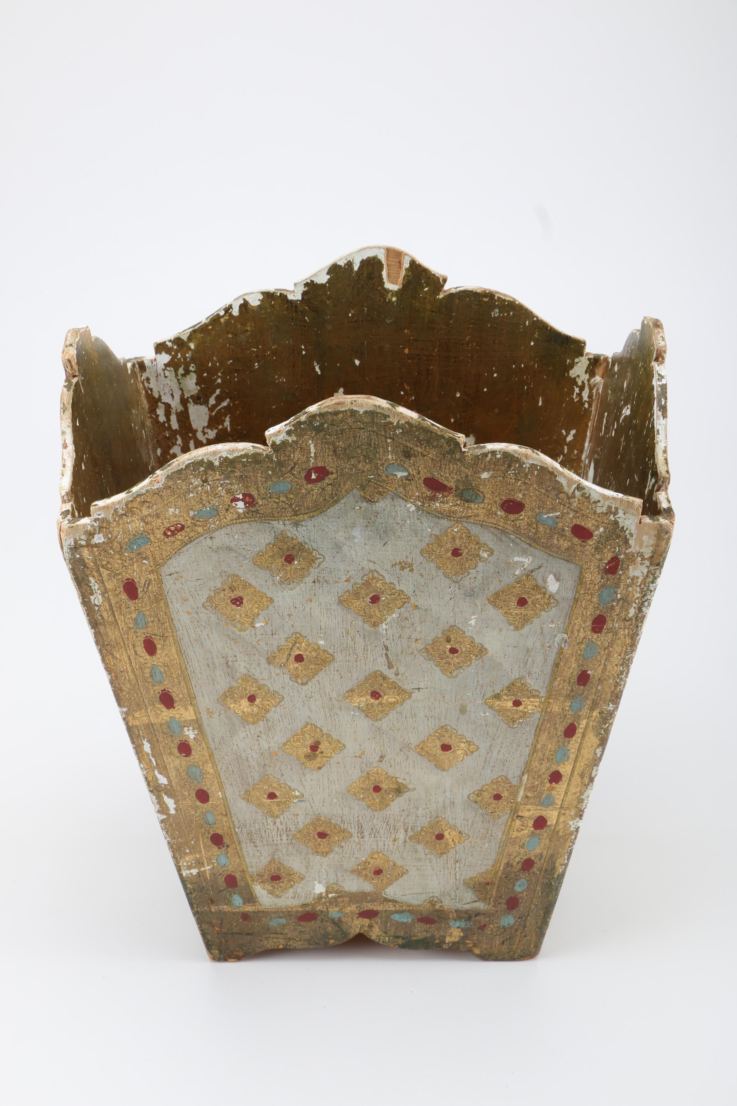 Italian Distressed Gold Tone Waste Bin and Trinket Box