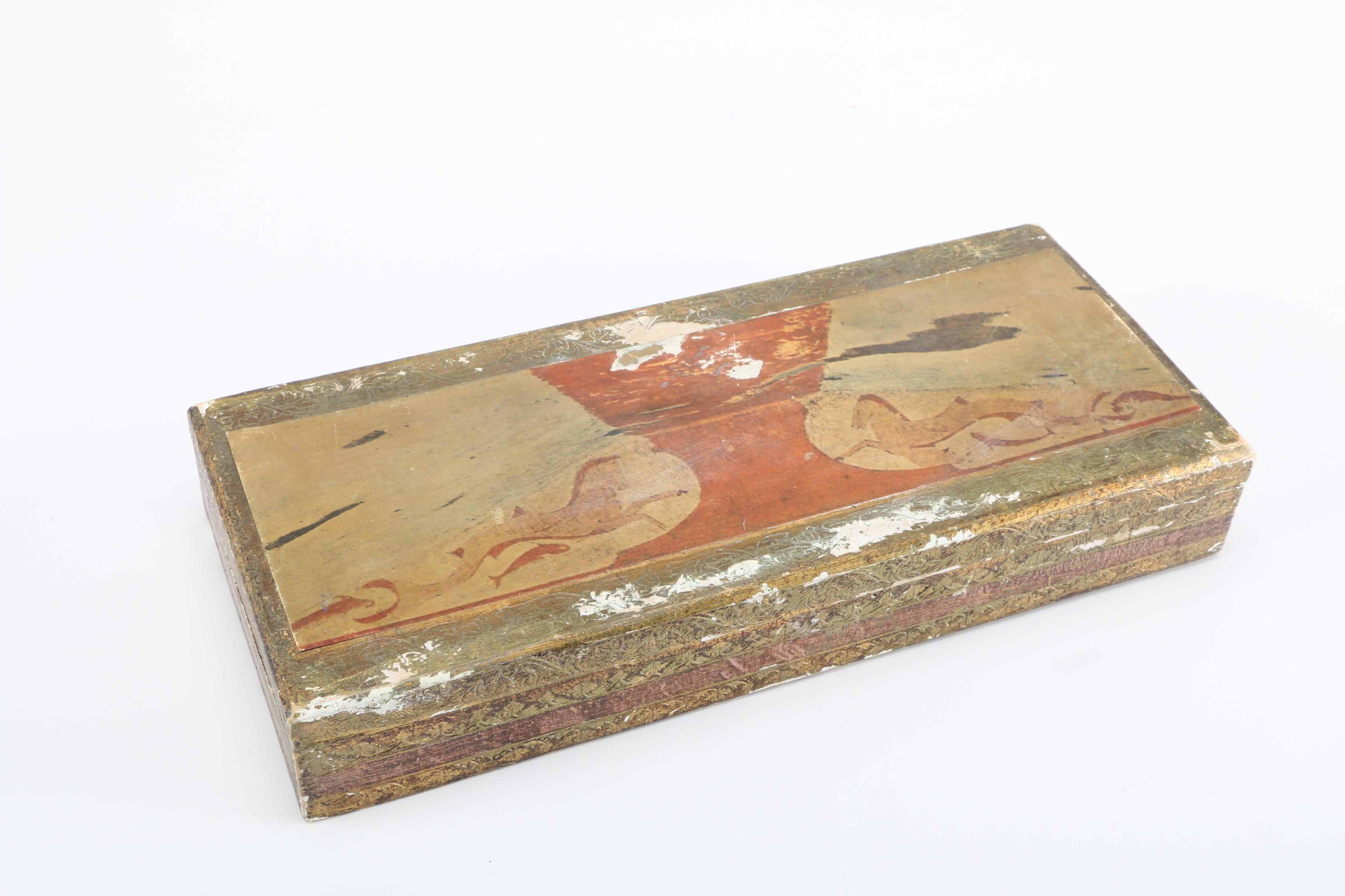 Italian Distressed Gold Tone Waste Bin and Trinket Box