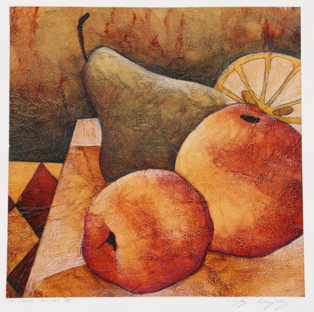 Mary Kreuziger Mixed Media on Paper "La Fruta Amigas III" and "La Fruta Amigas VI"