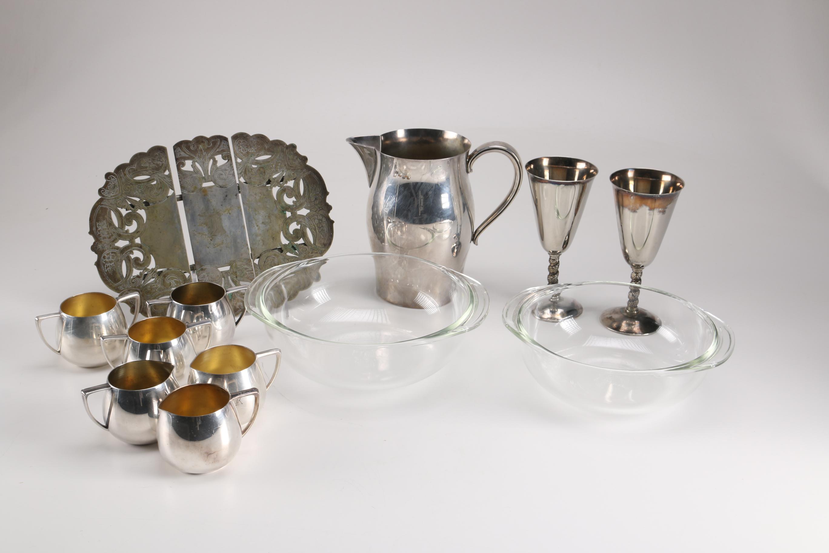 Tableware Featuring Pyrex and Plated Silver, Nickel and Brass