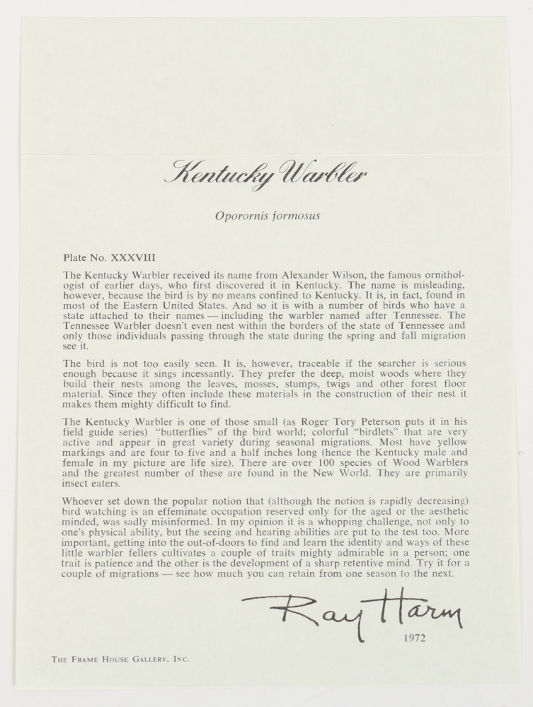 Ray Harm Offset Lithographs "Kentucky Warble" "Summer Tanager" and "Flicker"