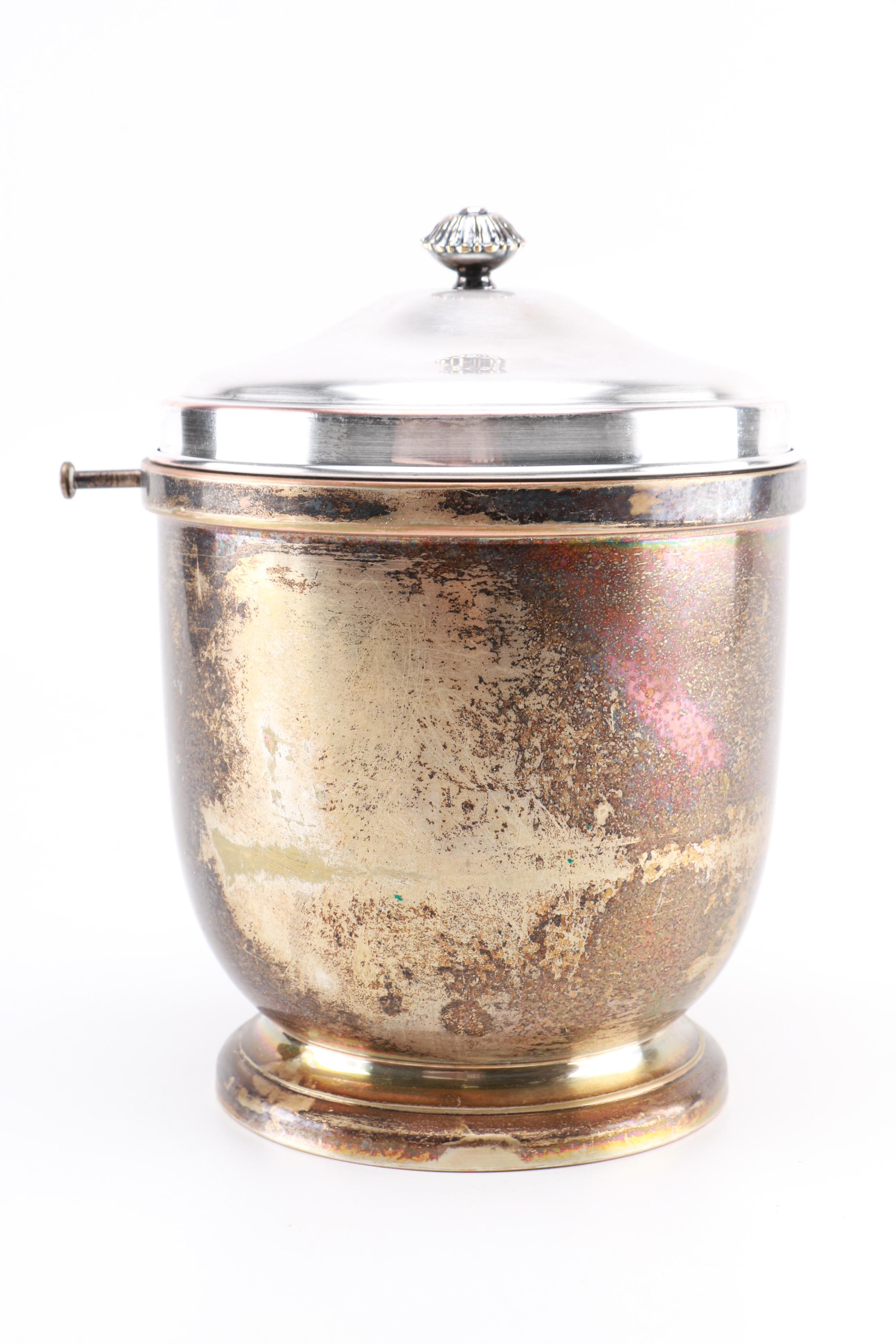 Bernard Rice's Sons Ice Bucket with Milk Glass Interior and Tongs