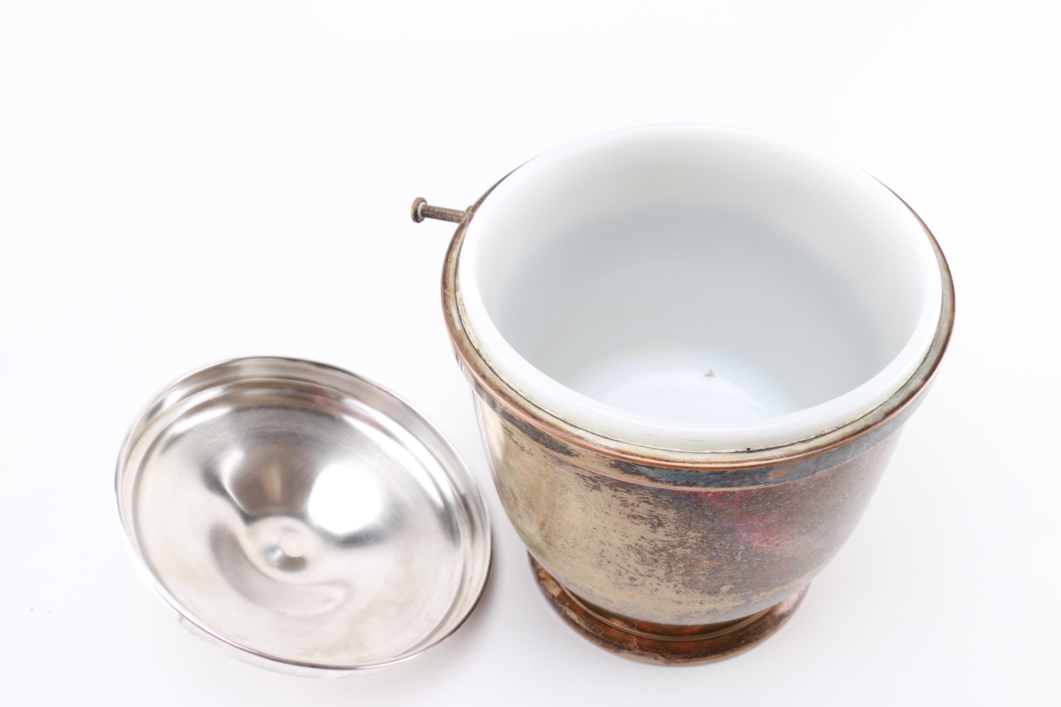 Bernard Rice's Sons Ice Bucket with Milk Glass Interior and Tongs