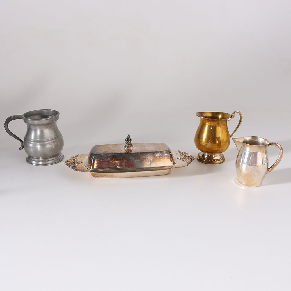 Wallace "Baroque" Silver Plate Butter Dish and Assorted Metal Tableware