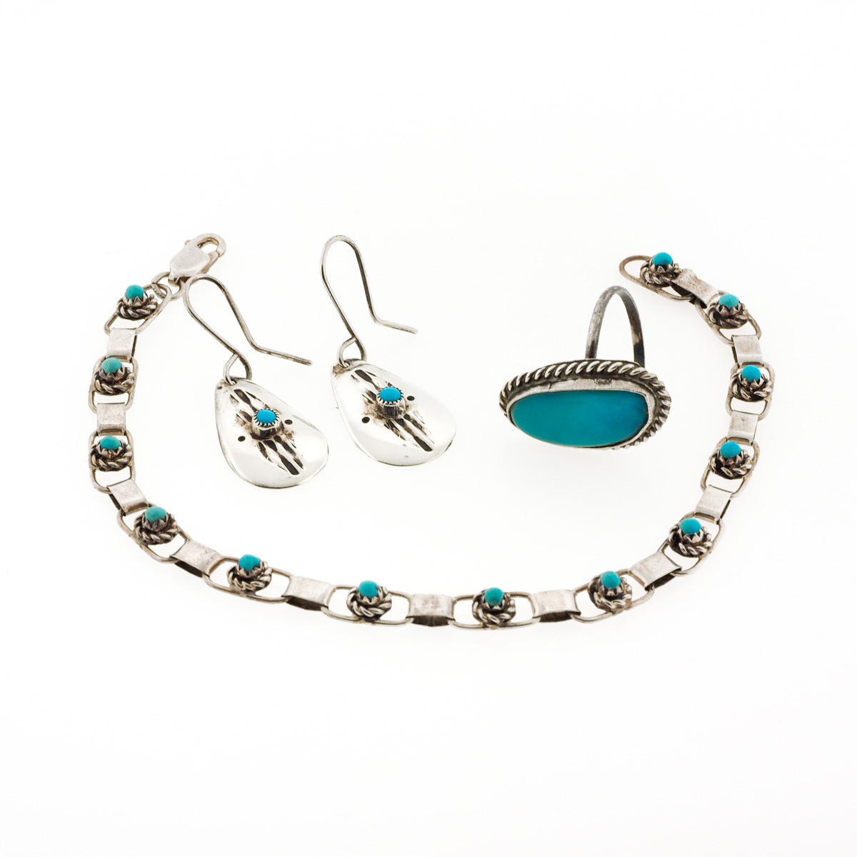 Vintage Sterling Silver and Turquoise Bracelet, Earrings and Ring Set