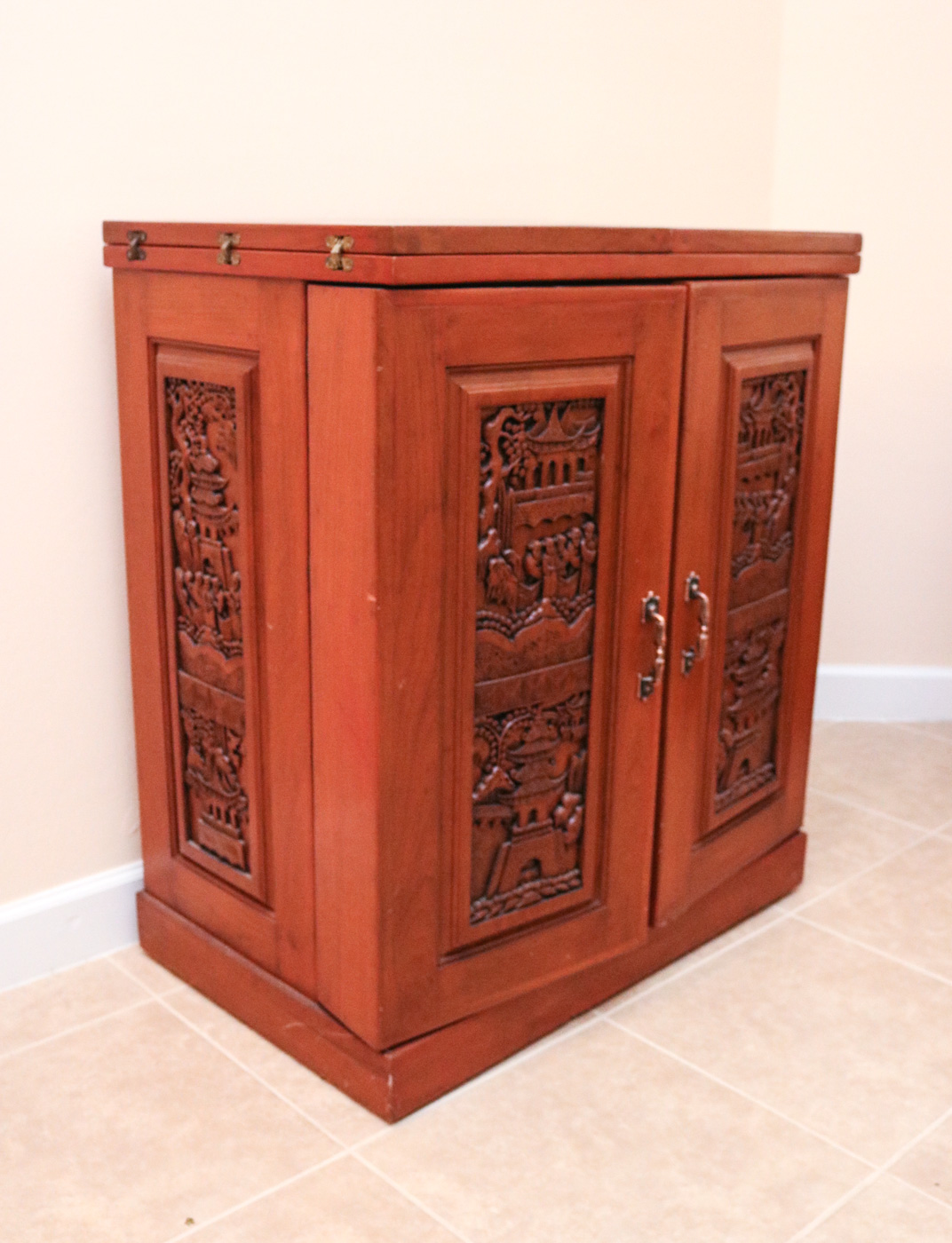 Chinese Inspired Carved Wooden Wine Cabinet
