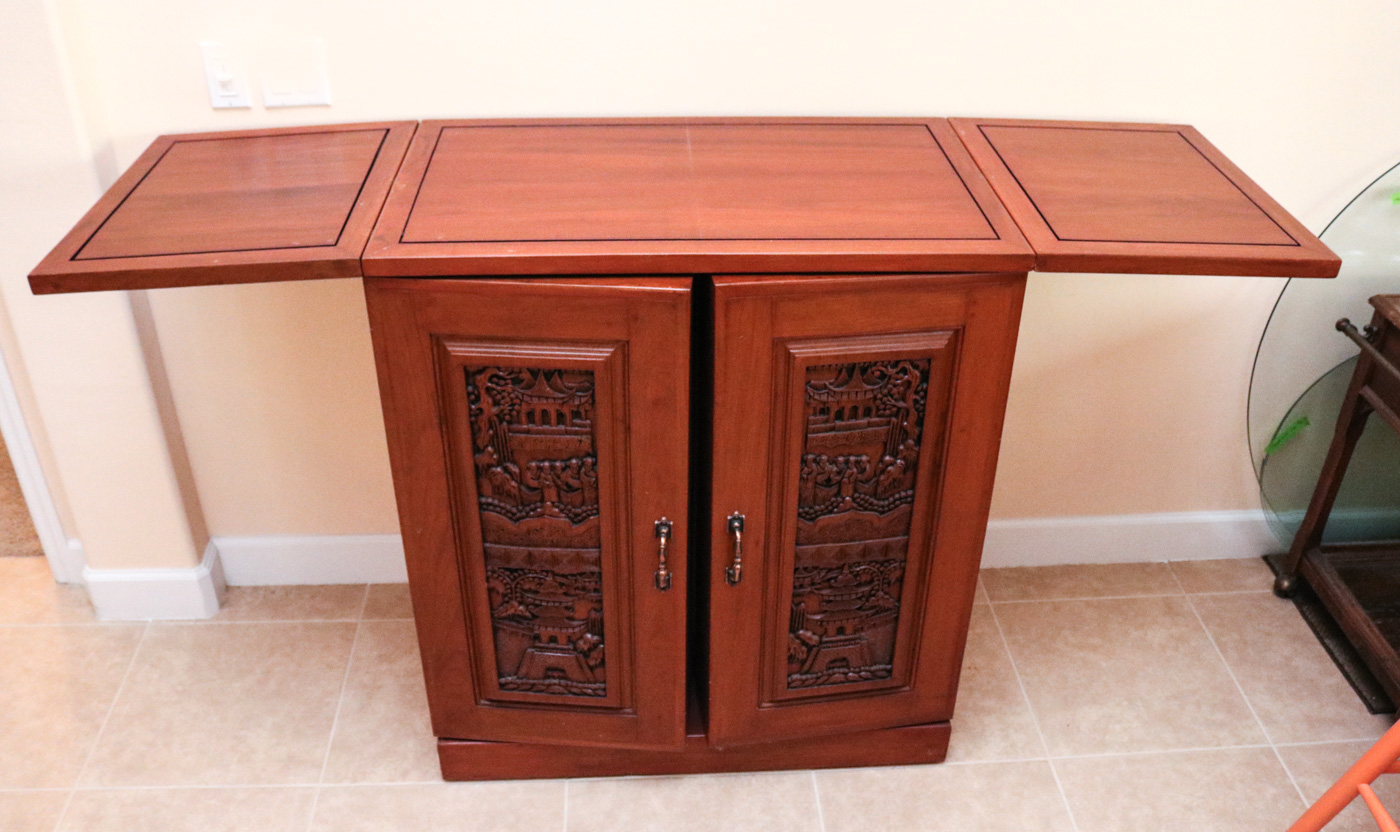 Chinese Inspired Carved Wooden Wine Cabinet