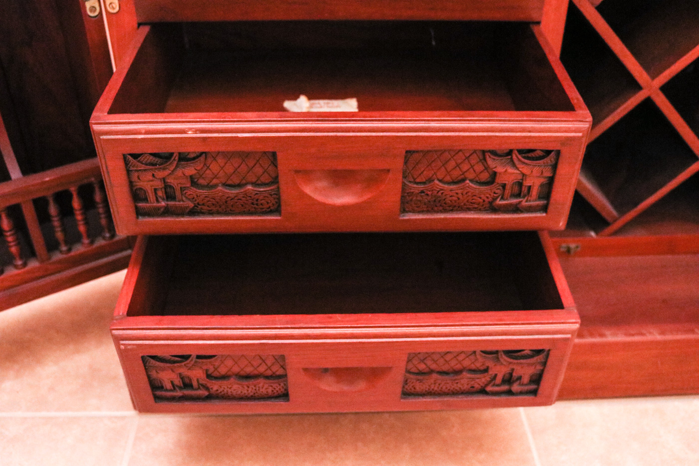 Chinese Inspired Carved Wooden Wine Cabinet