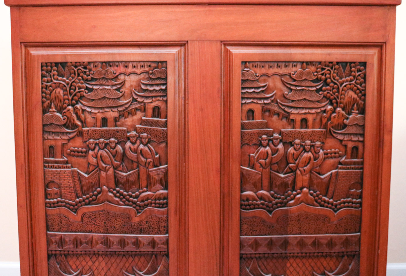 Chinese Inspired Carved Wooden Wine Cabinet
