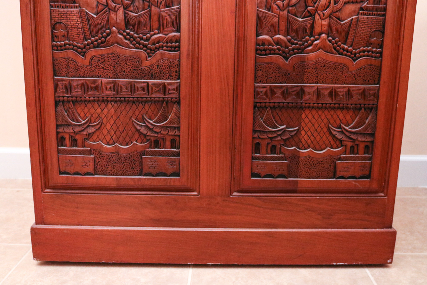 Chinese Inspired Carved Wooden Wine Cabinet